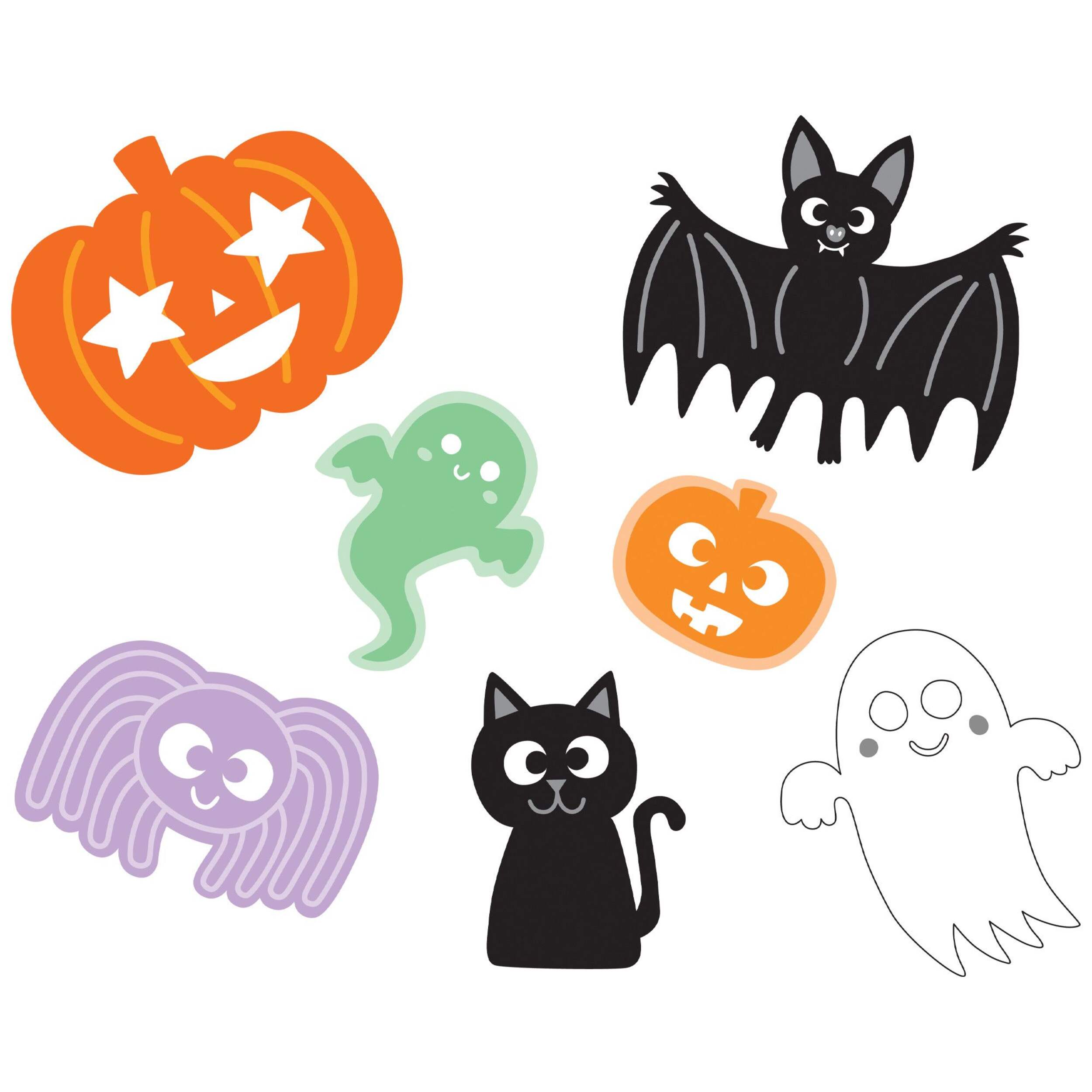 Spider/Jack-O'-Lantern/Ghost/Bat Assorted Wall Cling Decals, Multi-Coloured, 7-pk, Indoor Decoration for Halloween Front_Flat