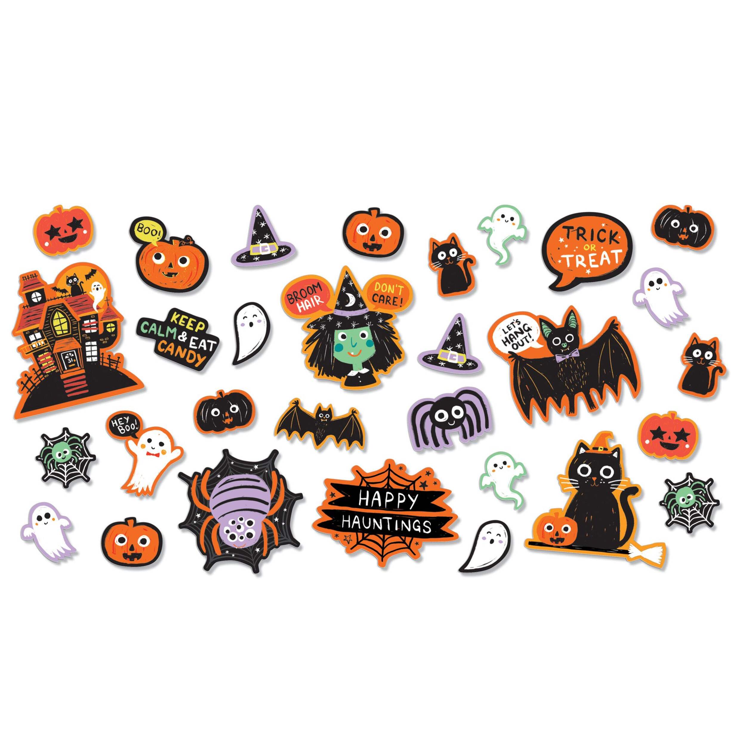 Vintage Halloween "Happy Haunting" Jack-O'-Lantern/Witch/Cat/Ghost  Plastic Cutouts, Multi-Coloured, 14 5/8-in, Indoor Decoration for Halloween Front_Flat
