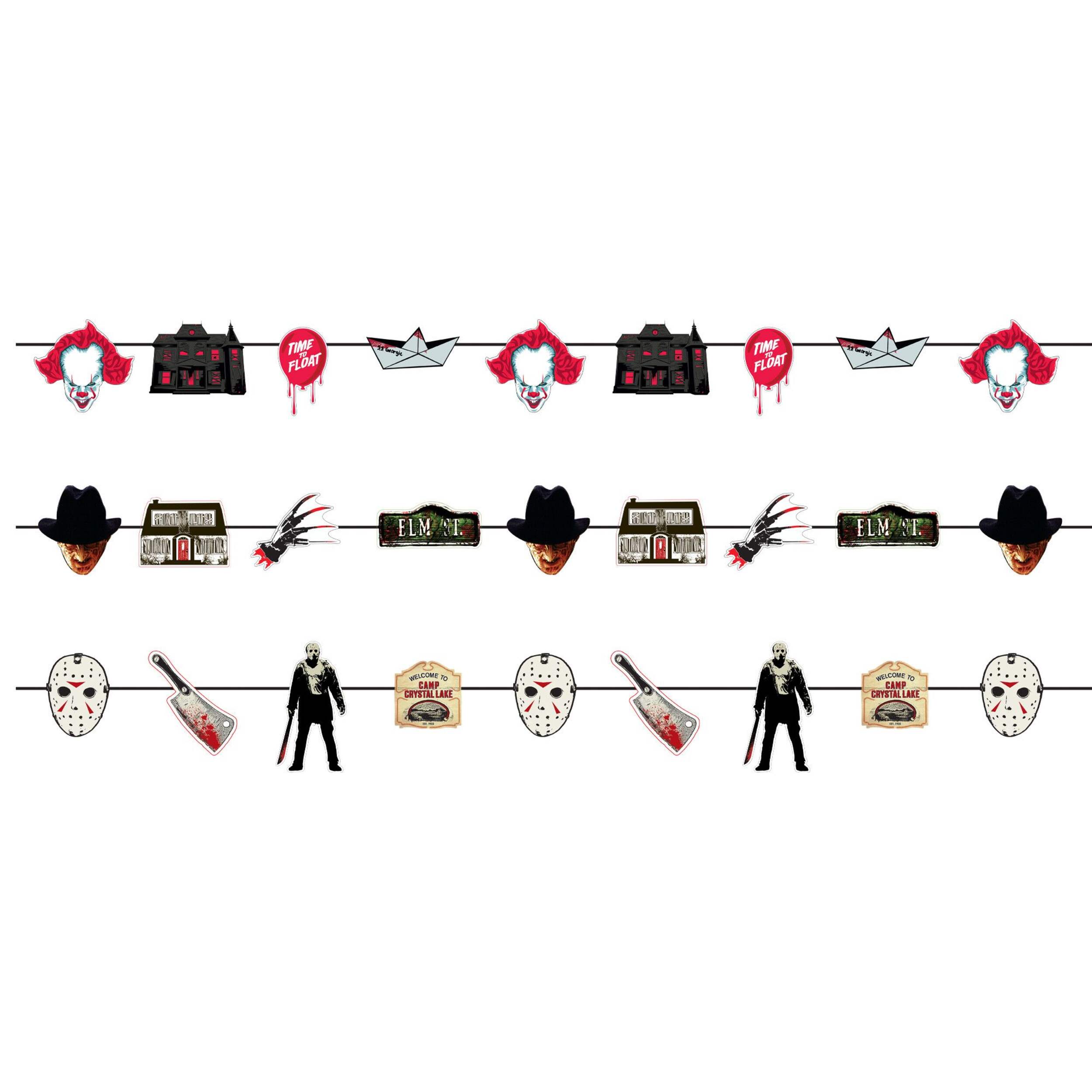 Pennywise/Freddy Krueger/Jason Voorhees Mixed Horror Movie Multi-Pack Banner, Multi-Coloured, 11-in, Indoor Decoration for Halloween Front_Flat