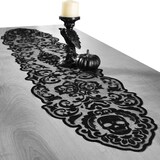 Glam Boneyard Skull Fabric Reusable Table Runner Decoration, Black, 13-in x 72-in, for Halloween Overhead_Plunge