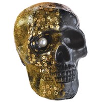 Glam Boneyard Skull Sequin Prop, Black/Gold, 6.5-in, Indoor/Outdoor Decoration for Halloween Front_Angled_Right