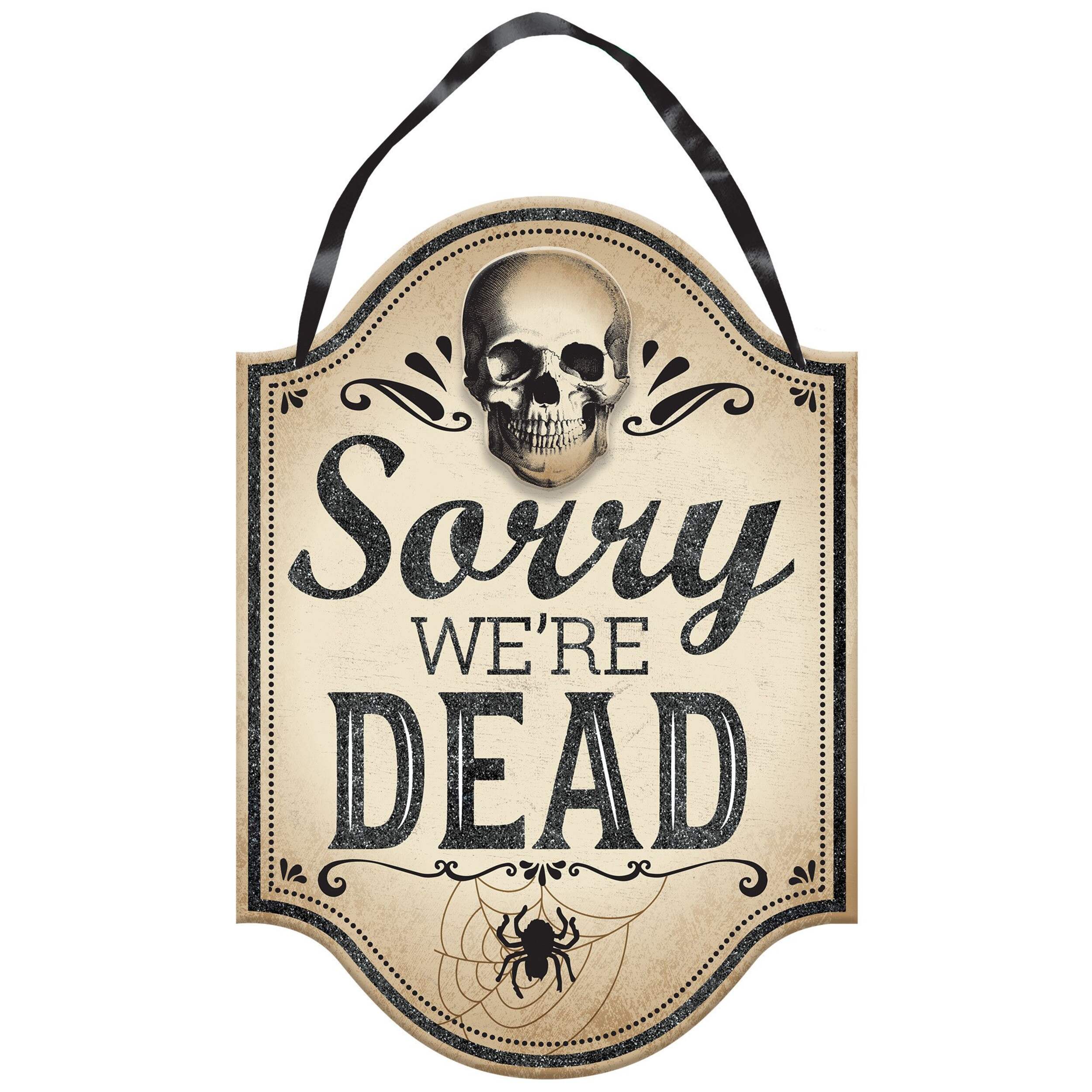 Affiche à suspendre Sorry We're Dead, crâne et araignée, beige/noir, 9-1/2 po, décoration intérieure/extérieure pour l'Halloween Front_Flat
