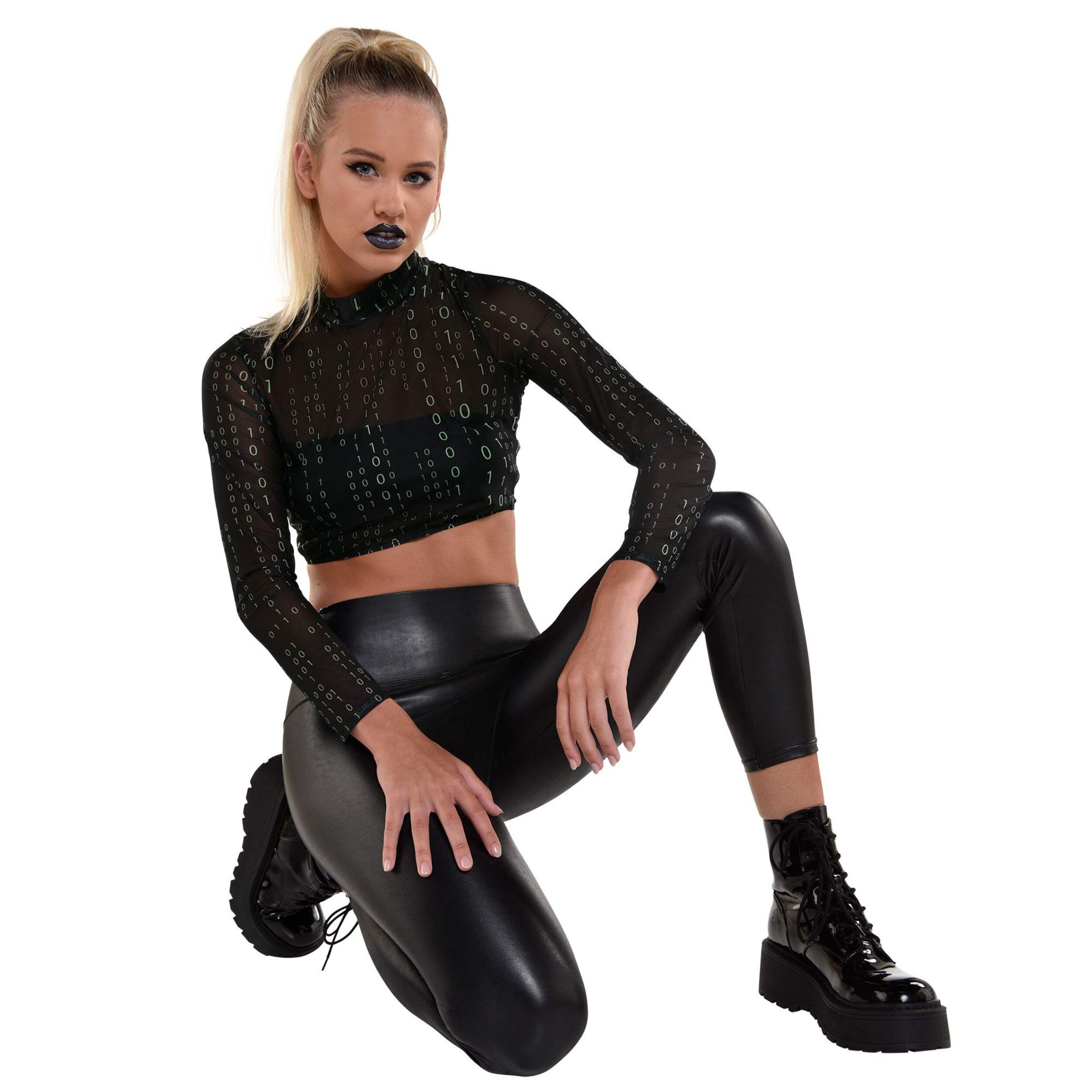 Cyberpunk Binary Code Mesh Top, Black, Assorted Sizes, Wearable Costume Accessory for Halloween Front_Flat