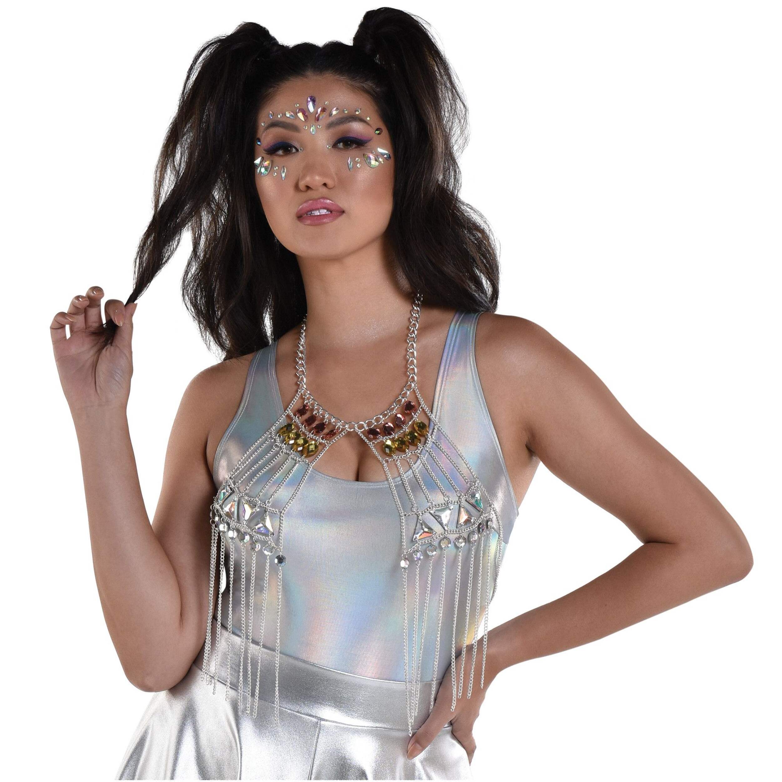 Bejeweled Hanging Festival Necklace Jewelry, Silver, 40-in, Wearable Costume Accessory for Halloween Front_Flat