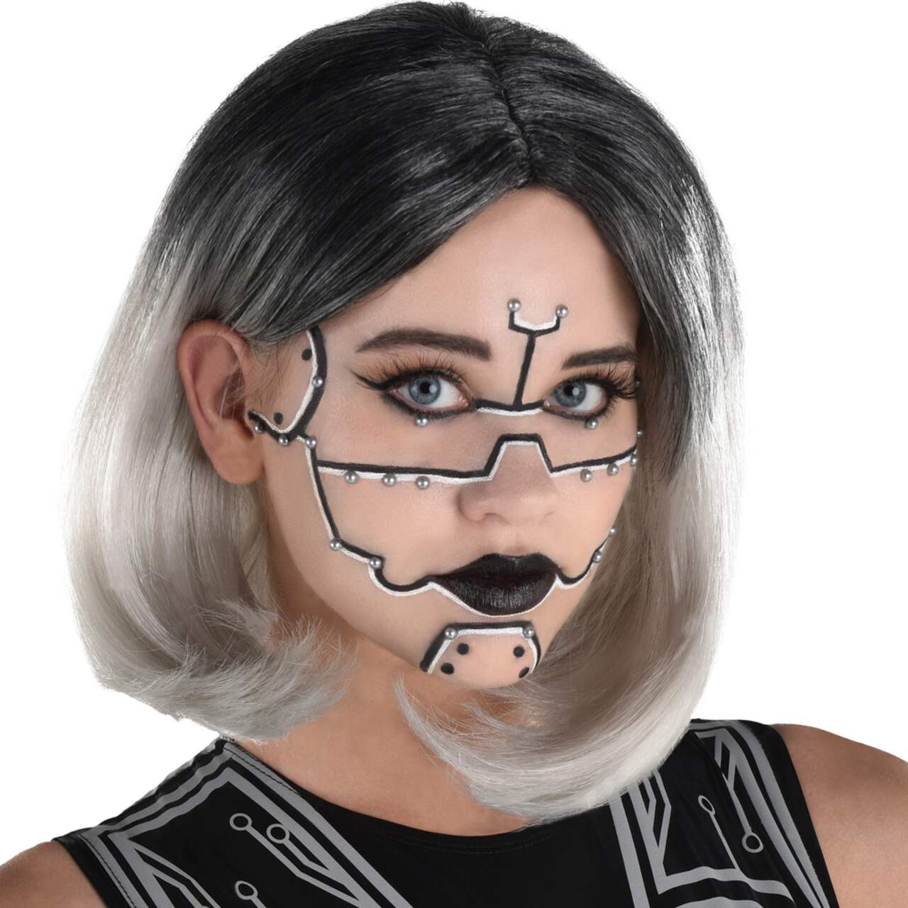 Maquillage pour le visage avec gemmes, style cyberpunk, noir/blanc, taille  unique, accessoire de costume pour l'Halloween