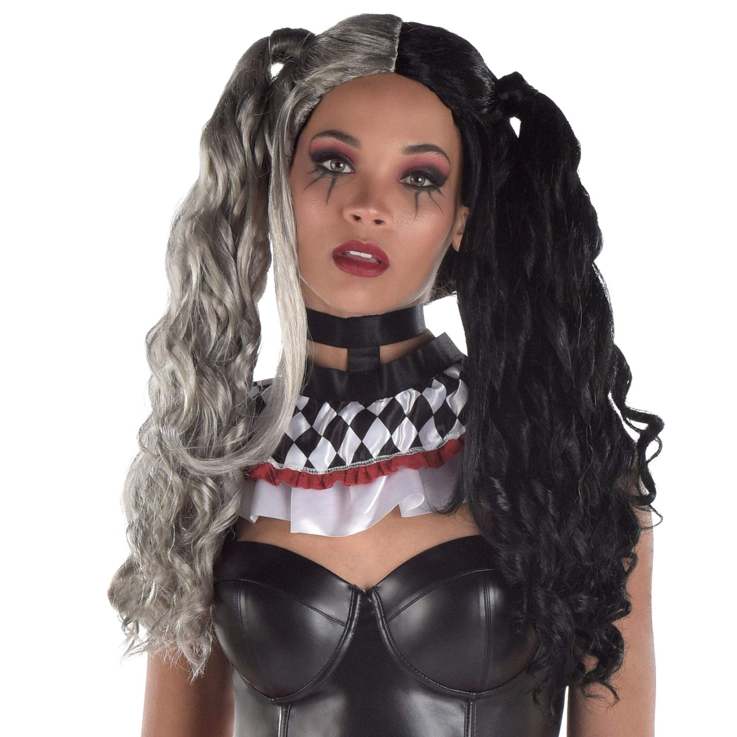 Long Curly Pigtail Hair Wig, Black/Grey, One Size, Wearable Costume Accessory for Halloween Front_Flat