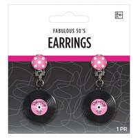 1950s Rockin' Record Earring Jewelry, Pink/Black Polka Dots, One Size, 2-pk, Wearable Costume Accessories for Halloween Front_Flat
