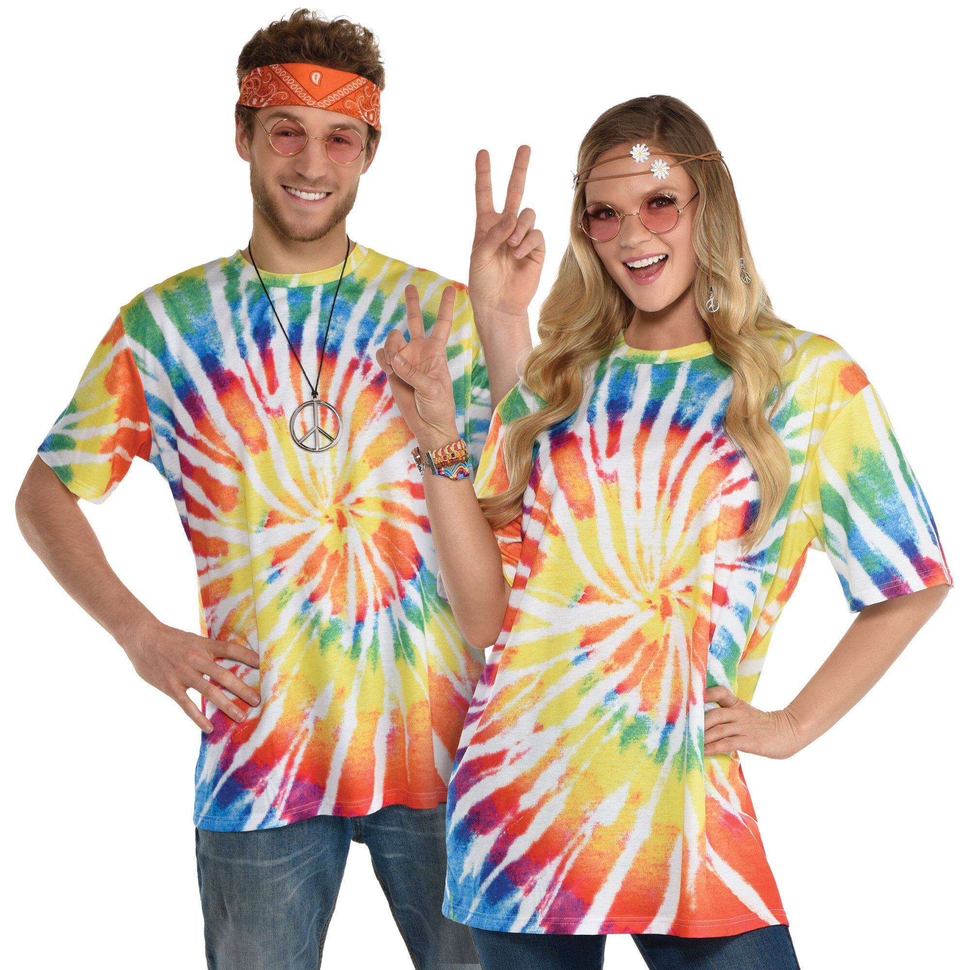 Adult Hippie 1960s Tie-Dye Crewneck T-Shirt, Rainbow, One Size