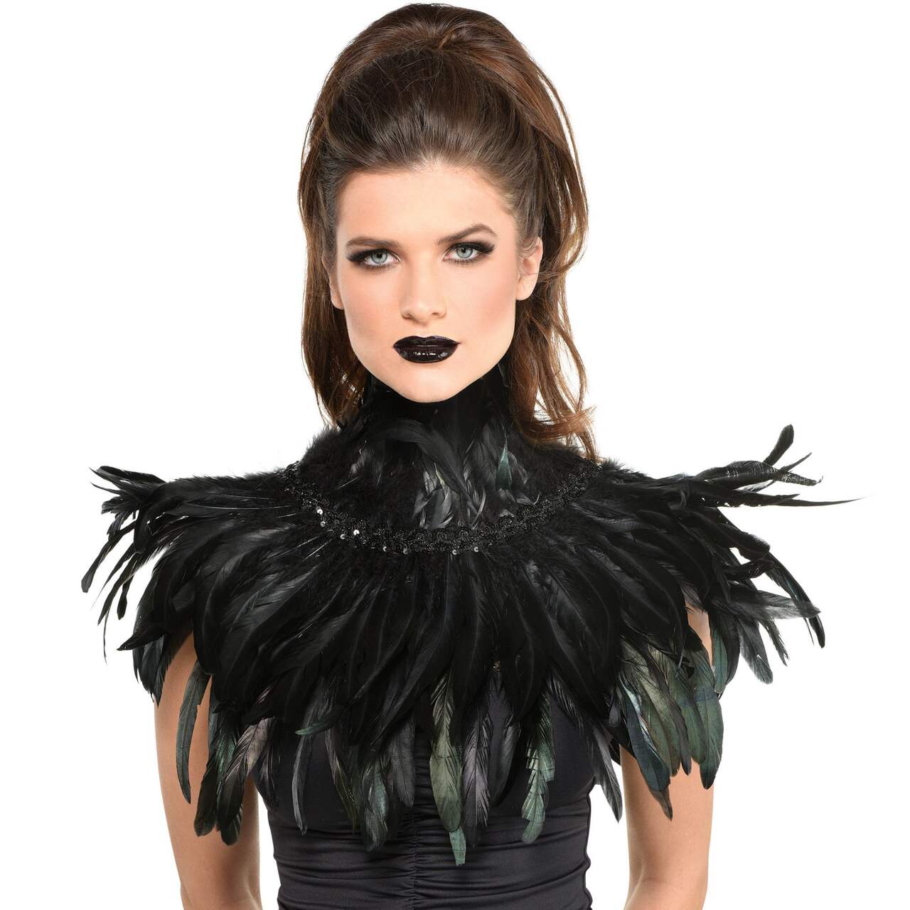 Collier de méchant en plumes, noir, taille unique, accessoire de costume à  porter pour l'Halloween