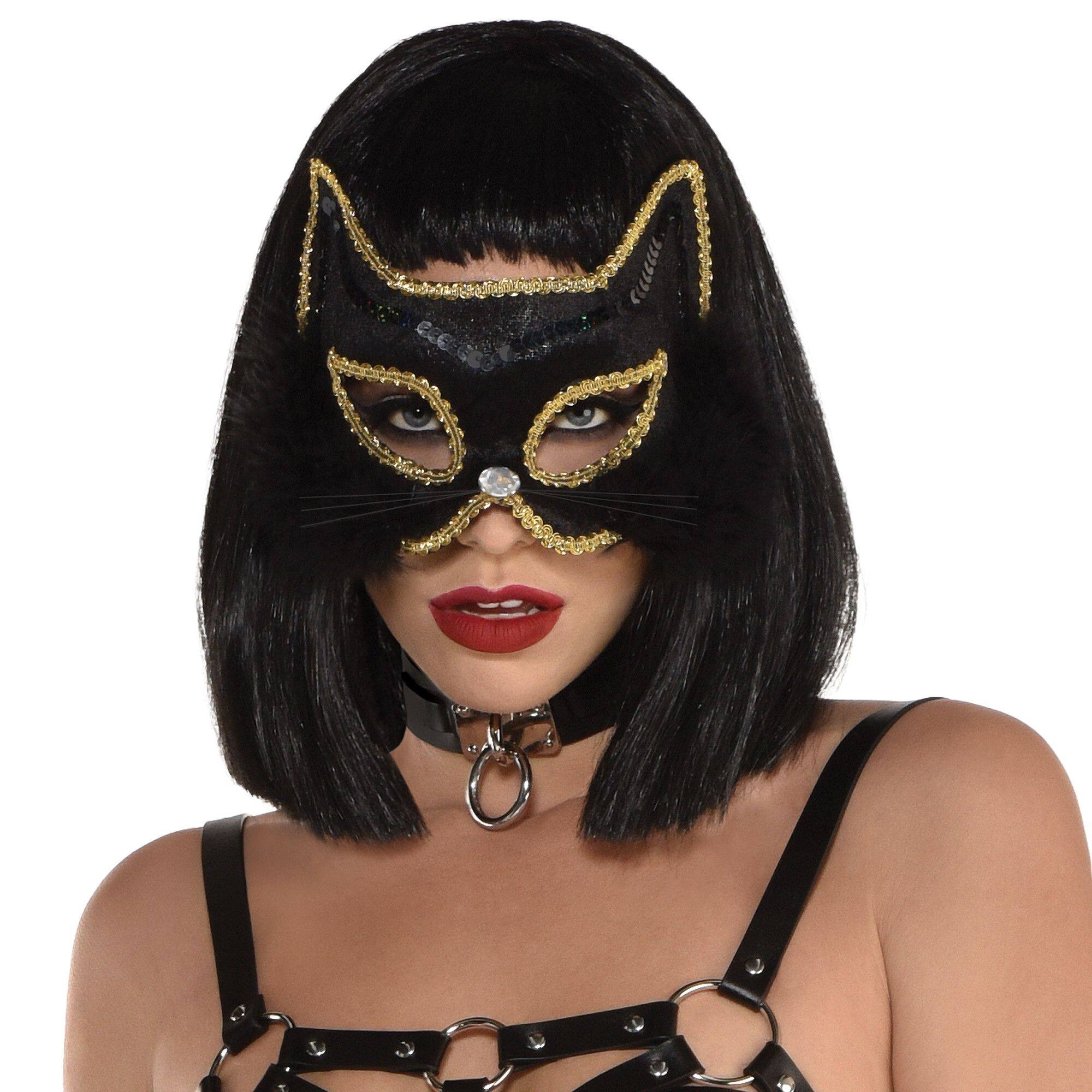 Cat Fancy Marabou Sequin Half Face Mask, Black/Gold, One Size