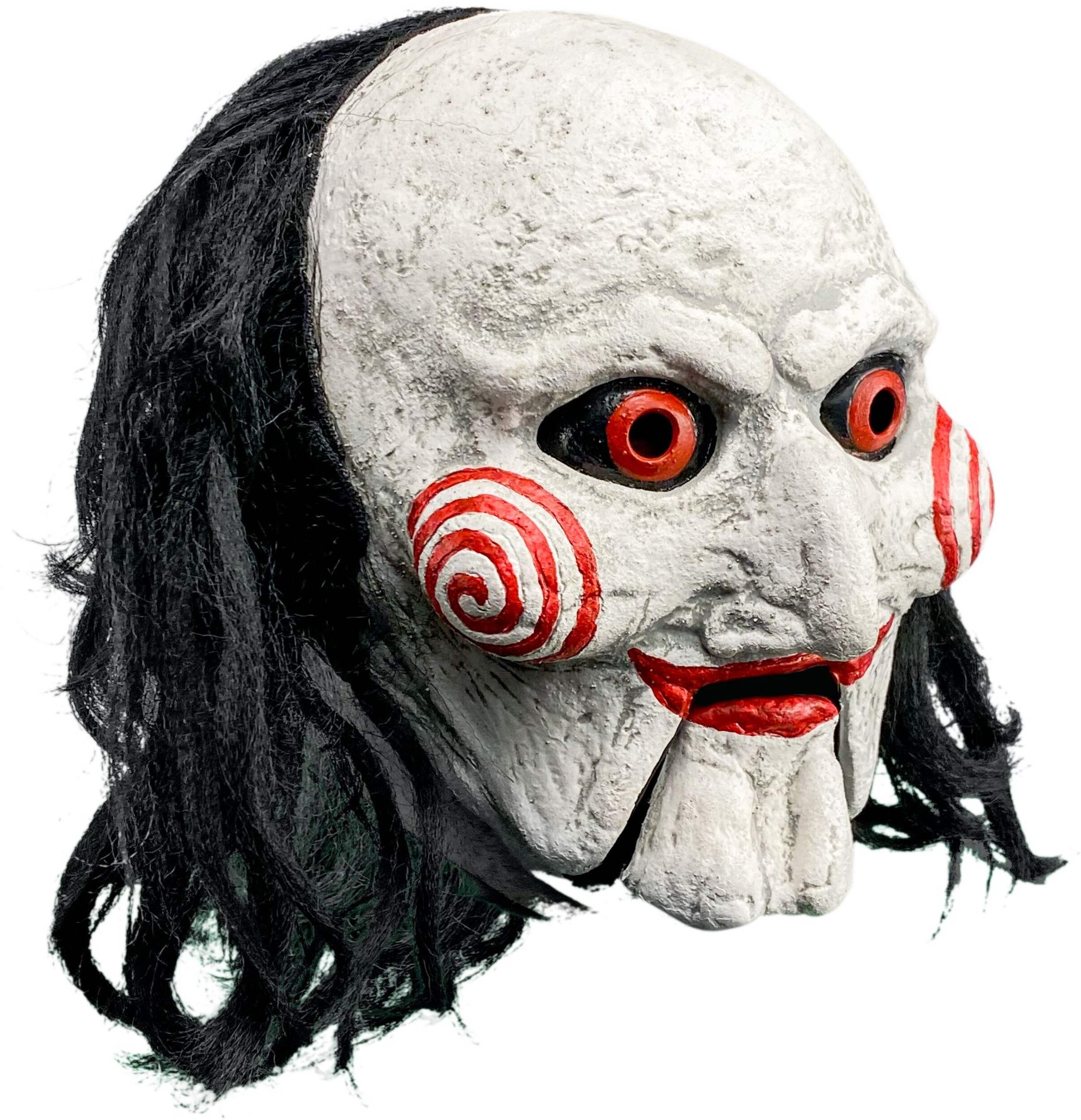 Saw Jigsaw Billy Moving Puppet Mouth Mask with Hair, White/Red, One Size, Wearable Costume Accessory for Halloween Front_Three_Fourths_Angled_Right