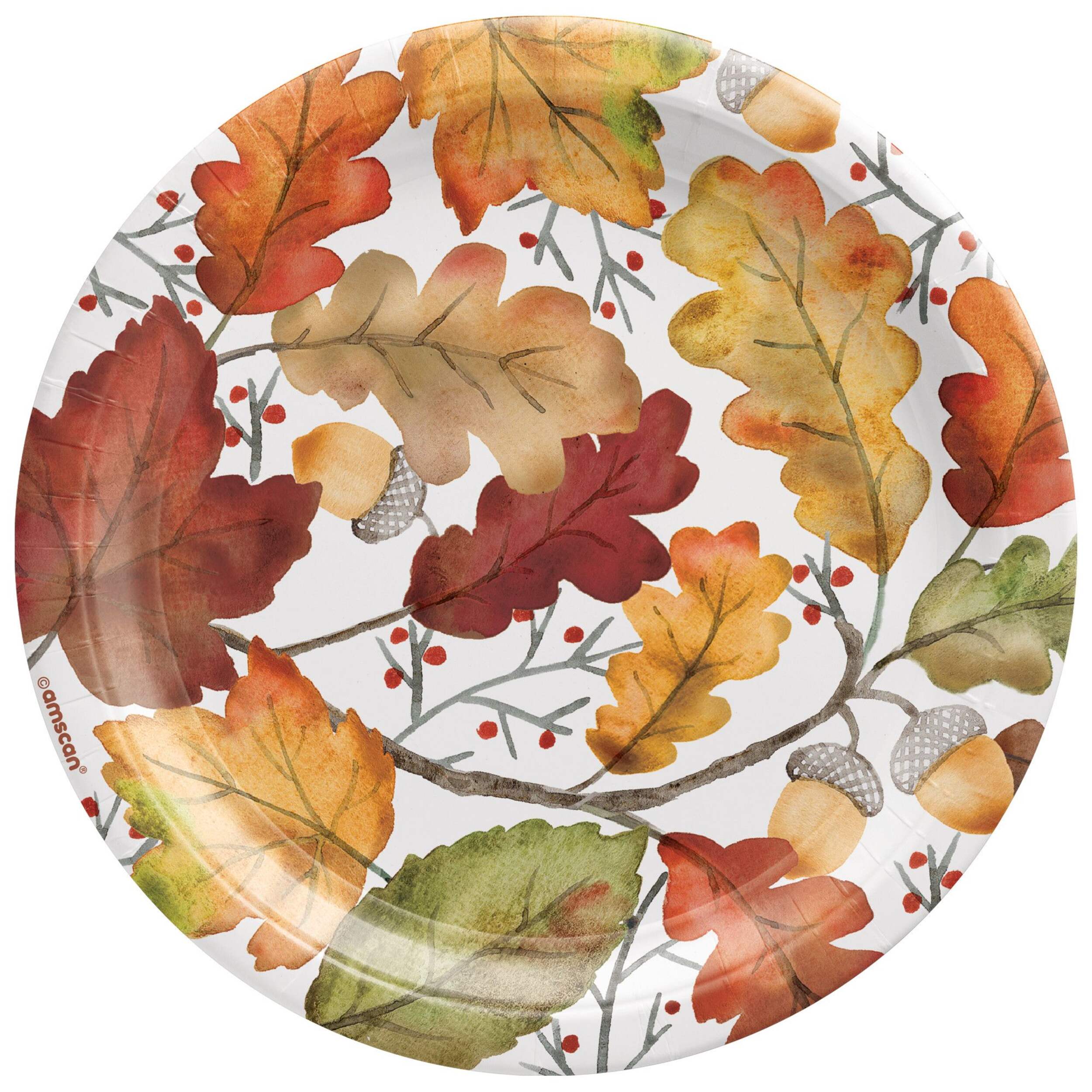 Round Paper Disposable Dessert Plates, Multi-Coloured, Autumn Leaves, 7-in, 8-pk, for Fall Overhead_Flat