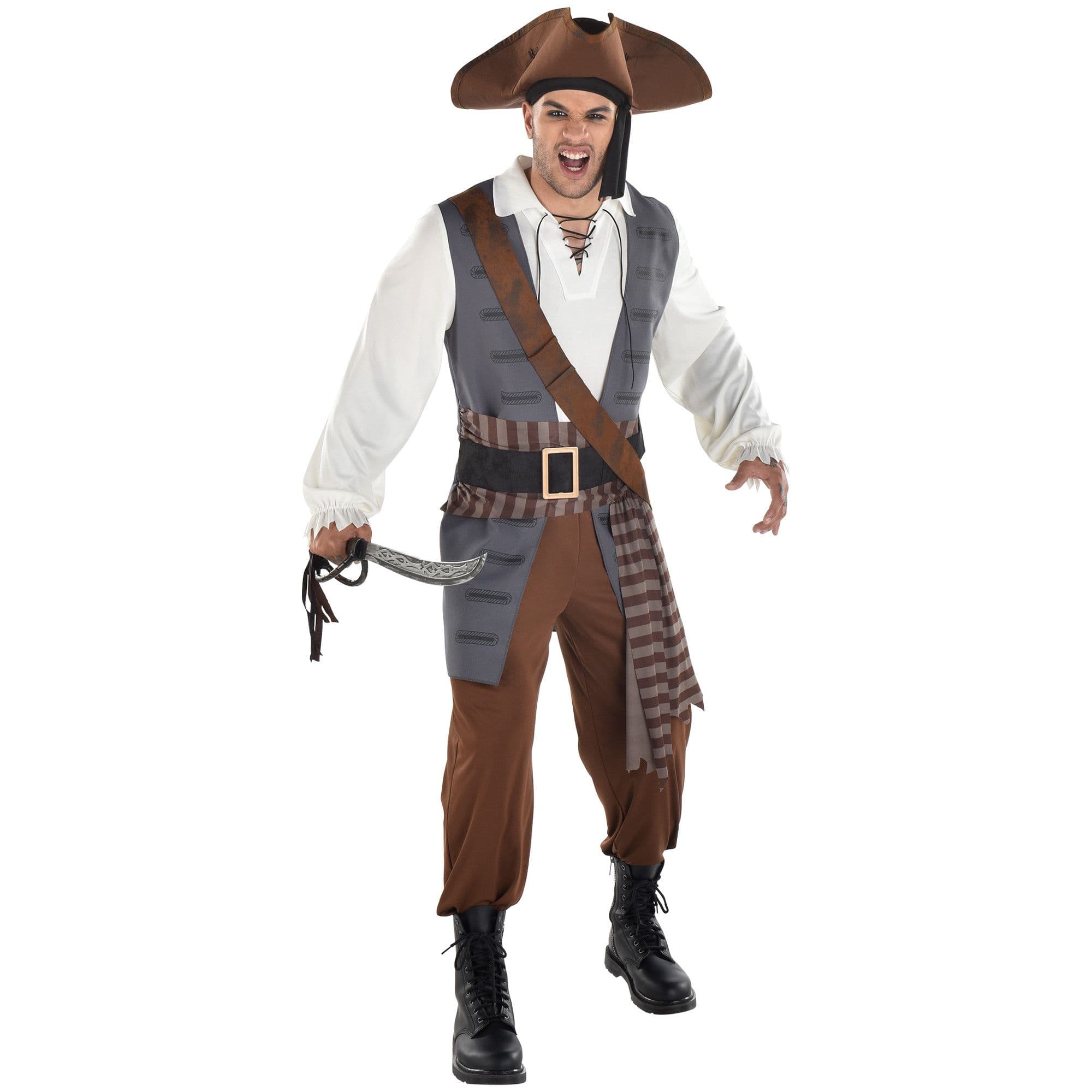 Men's Pirate Brown/White Outfit with Shirt/Pants/Hat Halloween Costume,  Assorted Sizes