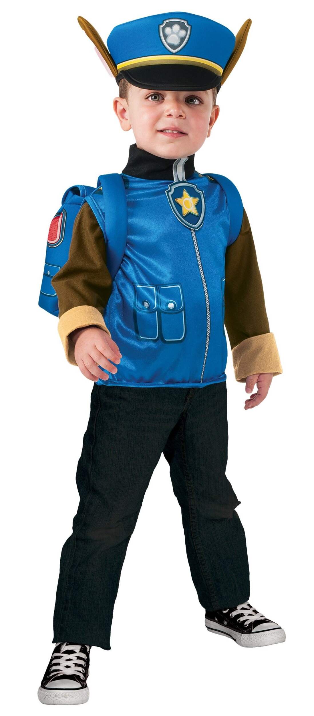 Costume de Chase de la Pat'Patrouille Nickelodeon pour enfants, tenue bleue avec chapeau et sac à dos, choix de tailles Front_Angled_Right