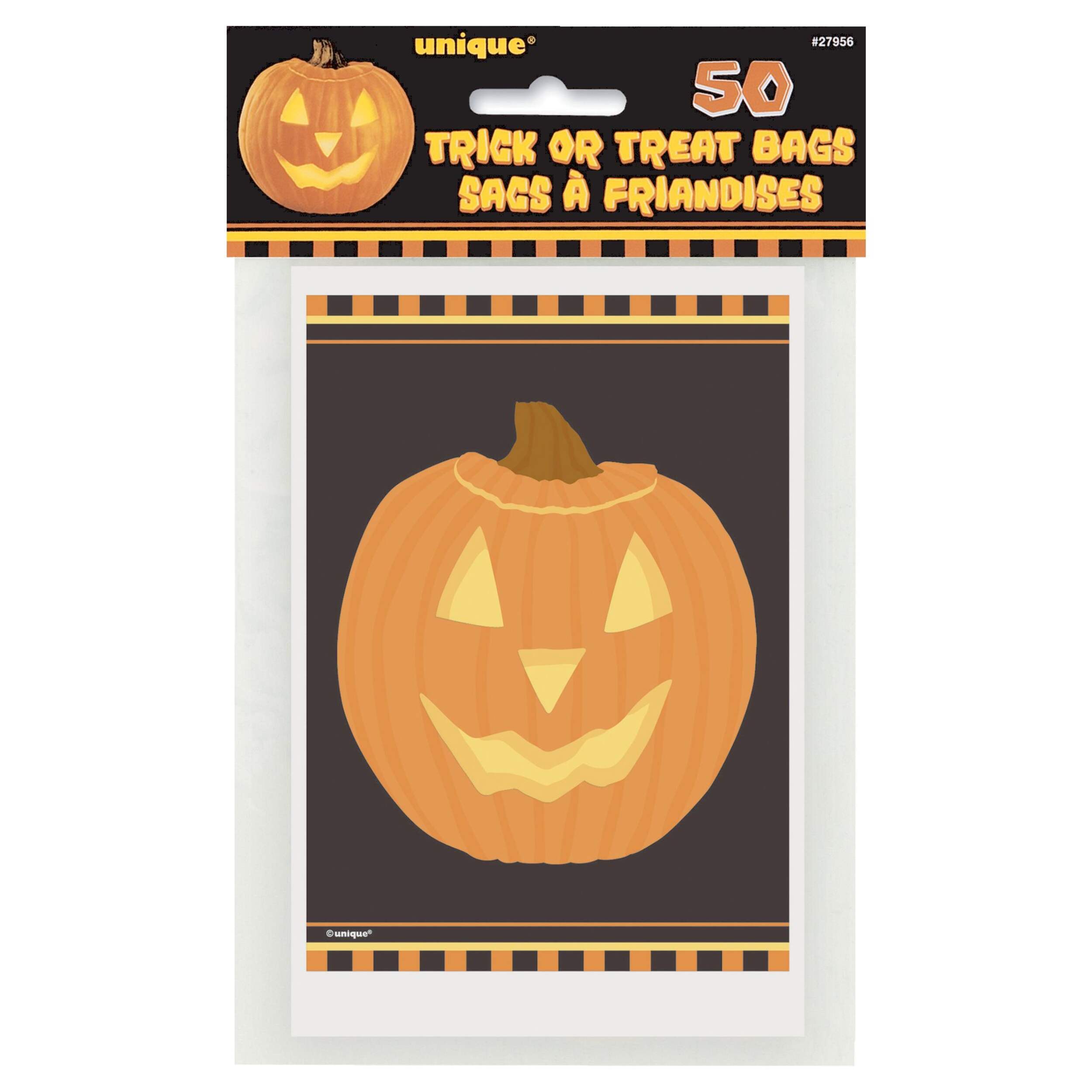 Jack-O'-Lantern Pumpkin Cello Gift Bags, Black/Orange, 4-in, 50-pk, for Halloween Front_Flat
