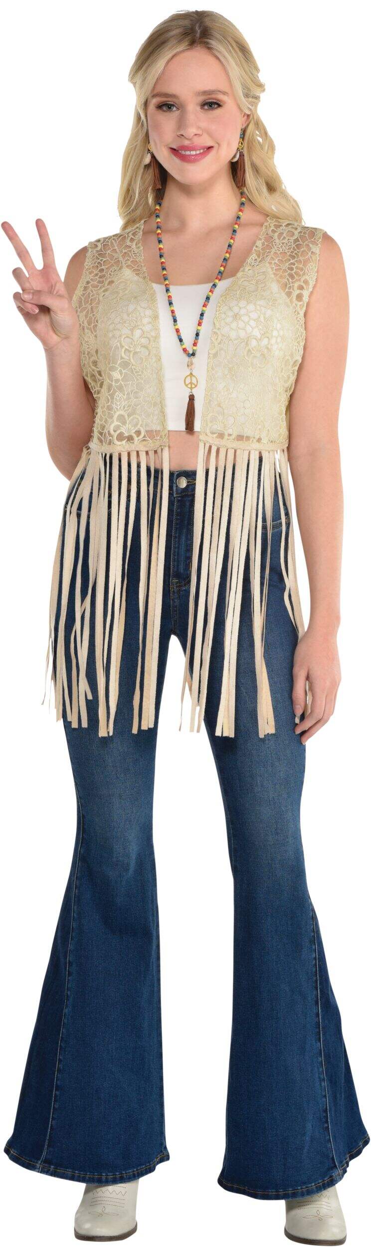 Hippie Tassle Vest, Beige, One Size, Wearable Costume Accessory for Halloween Front_Flat