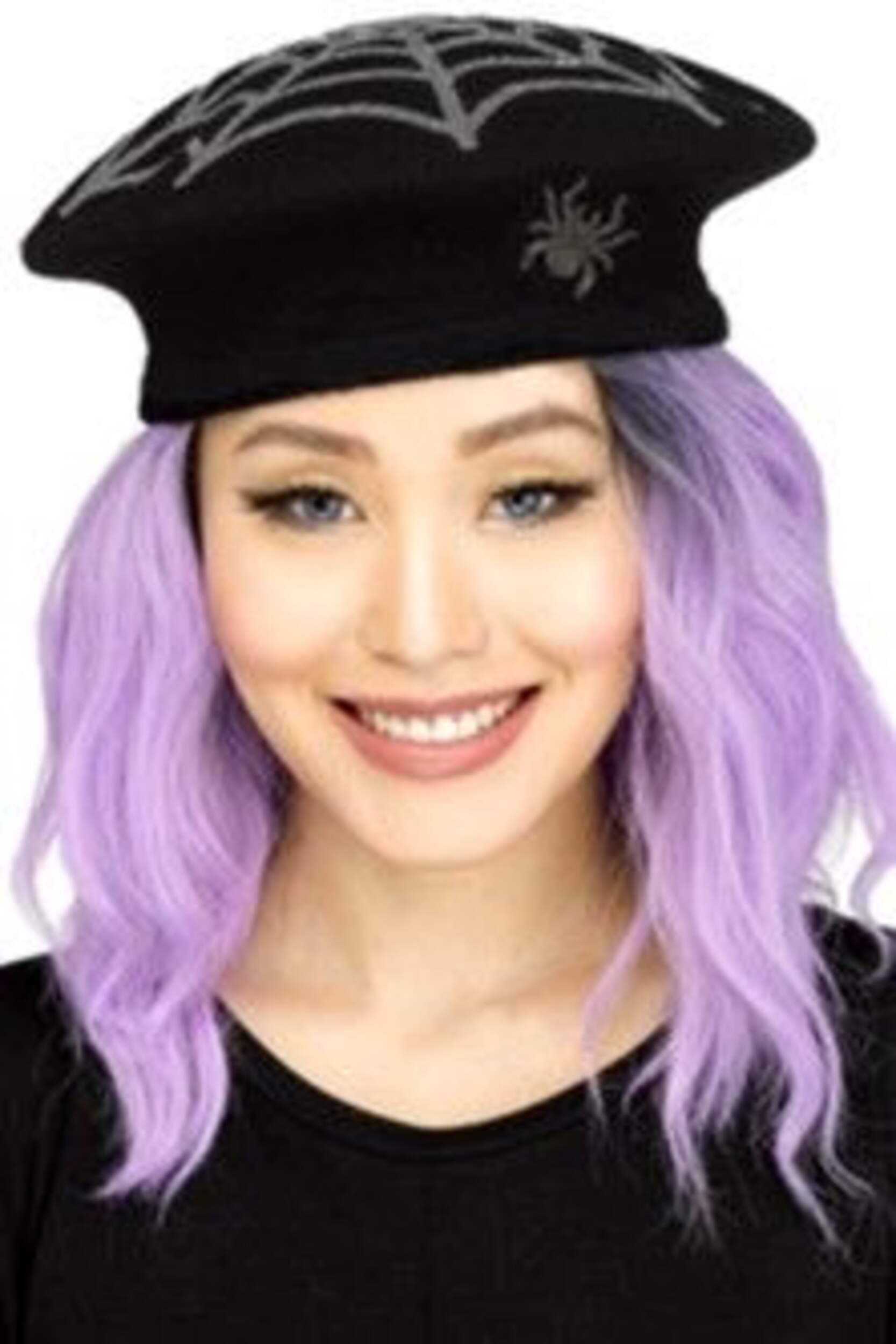 Spider Web French Beret Hat, Black/Silver, One Size, Wearable Costume Accessory for Halloween Front_Elevated