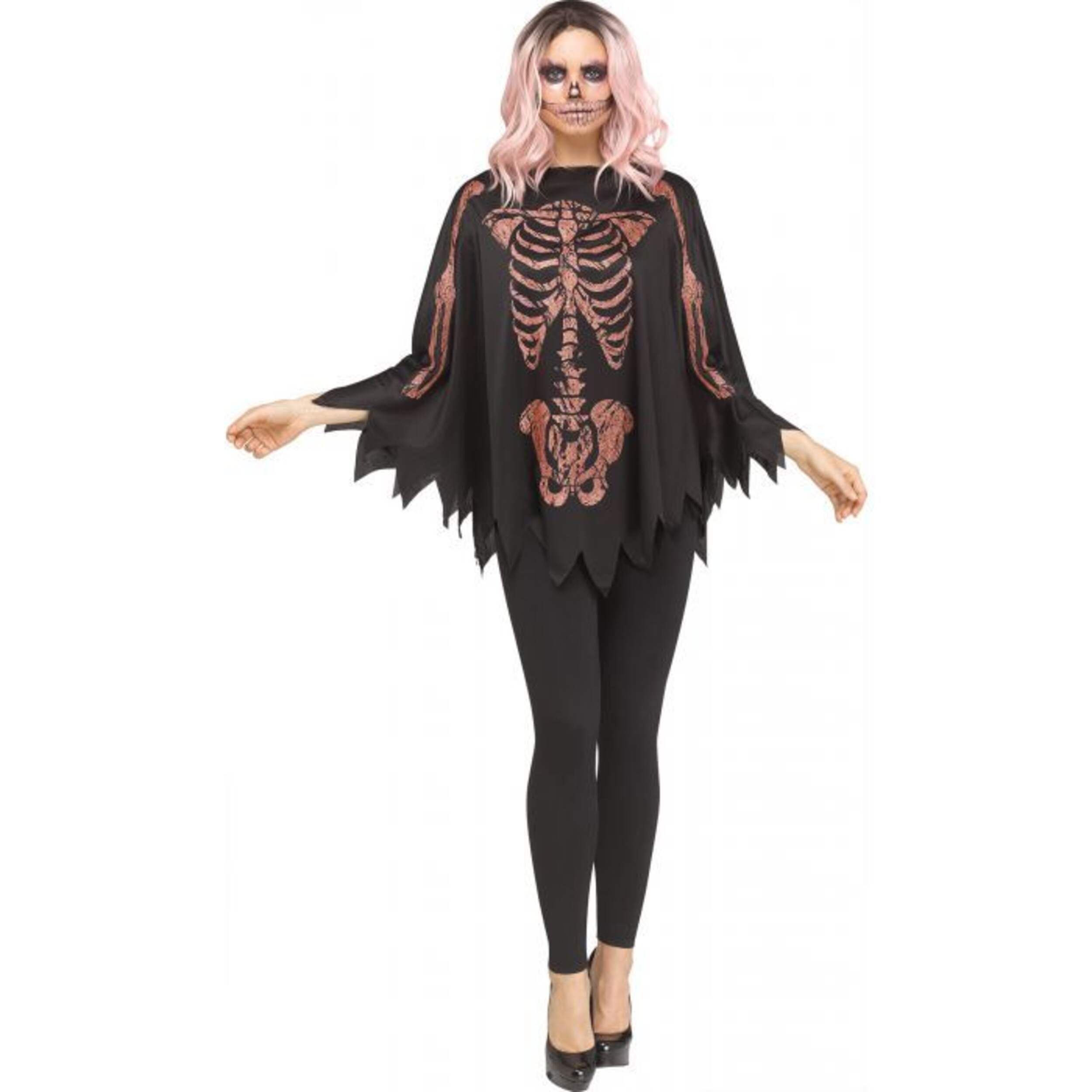 Shimmer Skeleton Poncho, Black/Brown, One Size, Wearable Costume Accessory for Halloween Front_Flat