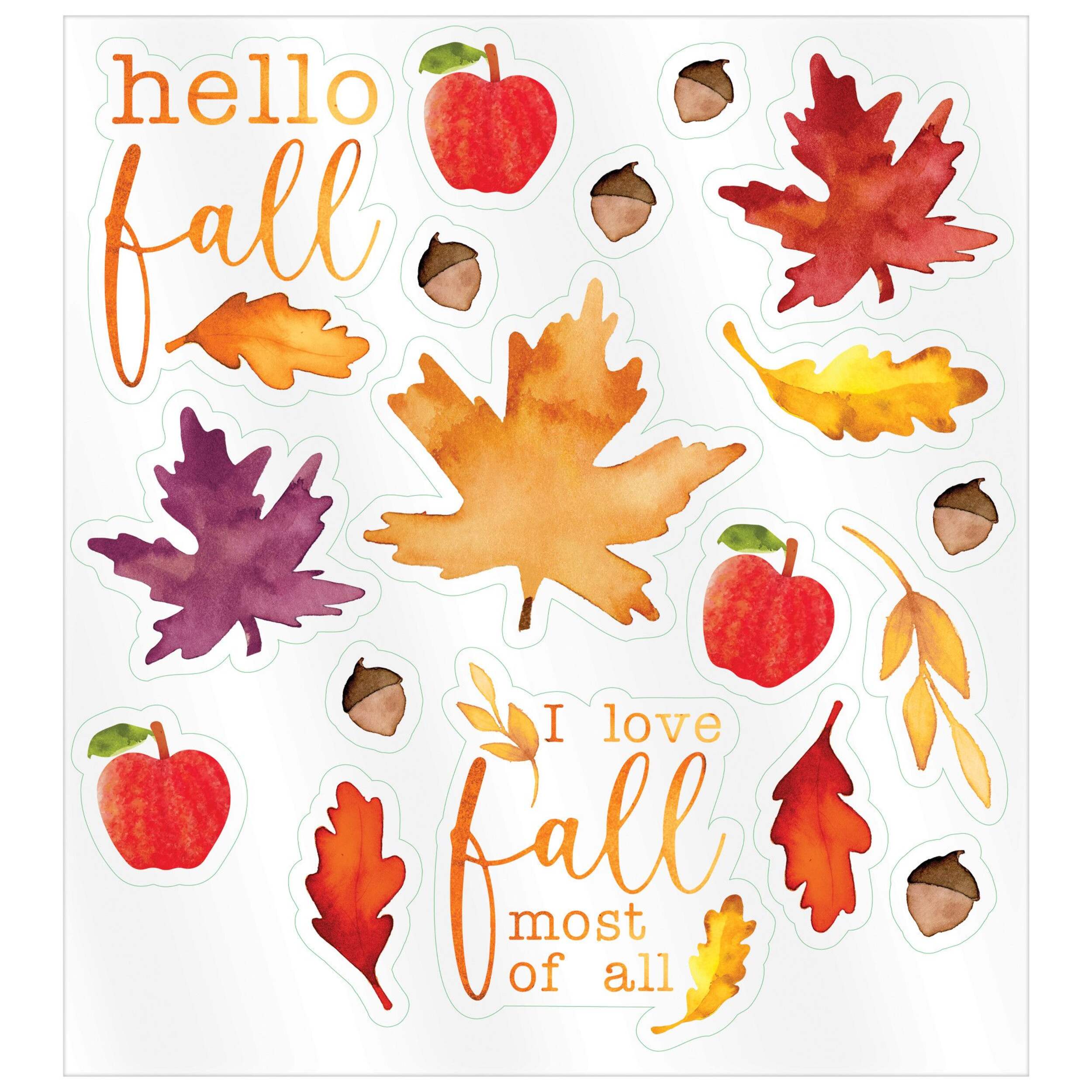 "Hello Fall" Assorted Vinyl Wall Cling Decals, Multi-Coloured, 18-pk, Indoor Decoration for Fall Front_Flat