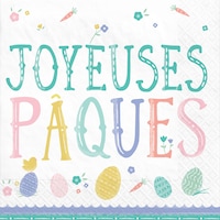 "Joyeuses Pâques" Square Paper Disposable Dinner Napkins, White/Multi-Coloured, 16-pk, 2-ply, for Easter Overhead_Flat