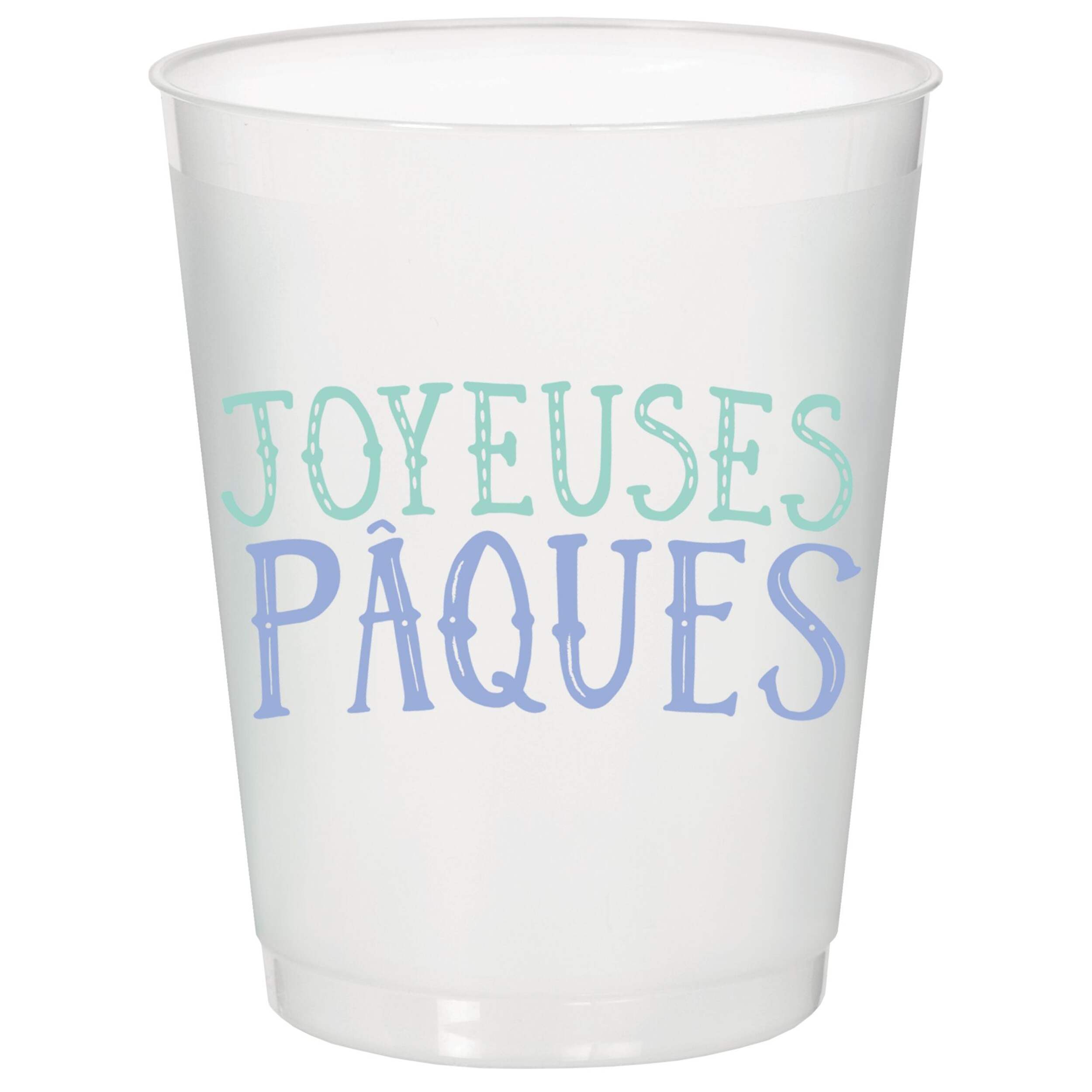 "Joyeuses Paques" Plastic Reusable Cups, Clear/Blue, 14-oz, 8-pk, for Easter Front_Flat