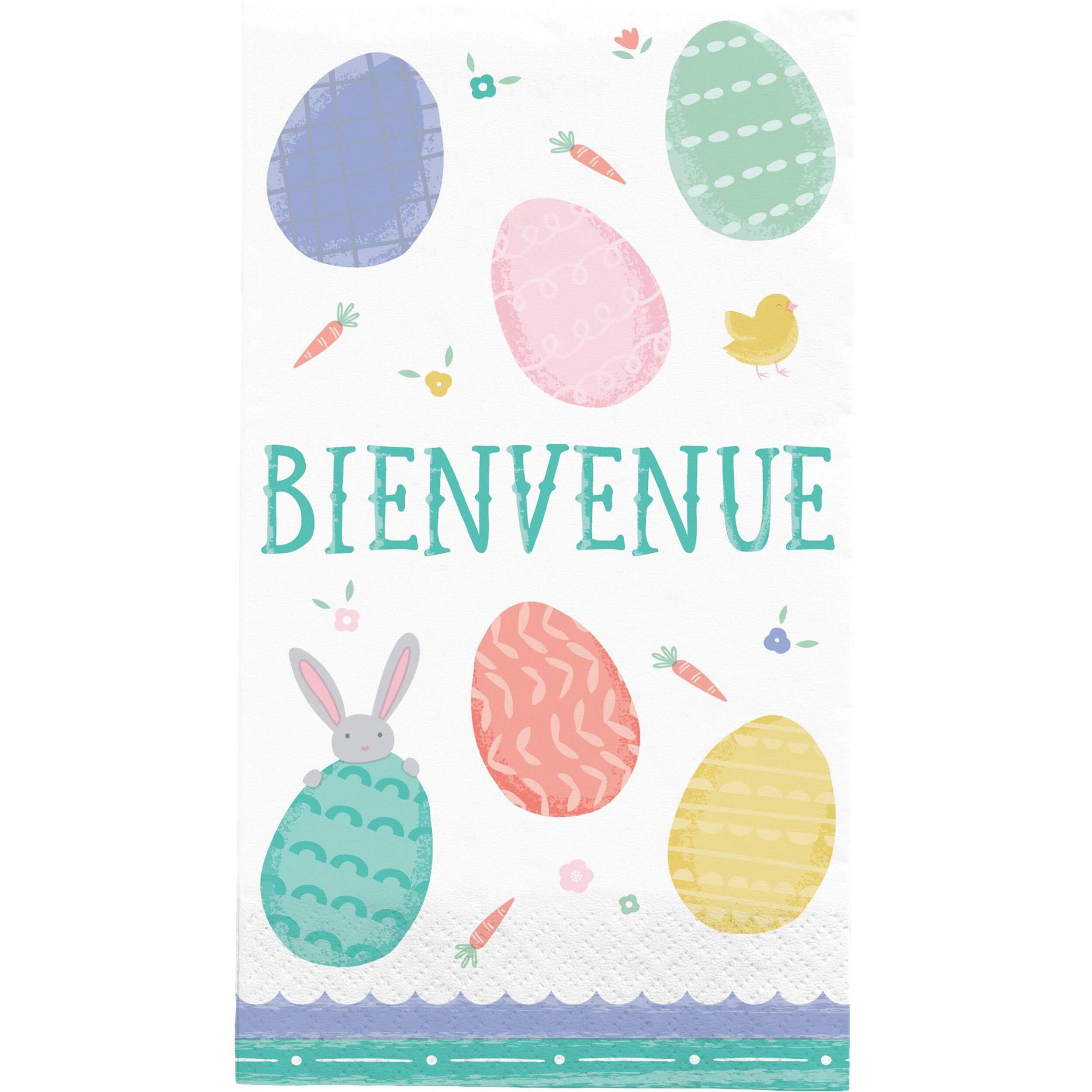 "Bienvenue" Rectangle Paper Disposable Guest Towel Napkins, White/Multi-Coloured, 8-in, 20-pk, 2-ply, for Easter Overhead_Flat