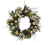 Artificial Flowers Leaves Eggs Wreath, Green/Pink, 20-in, for Easter Front_Flat