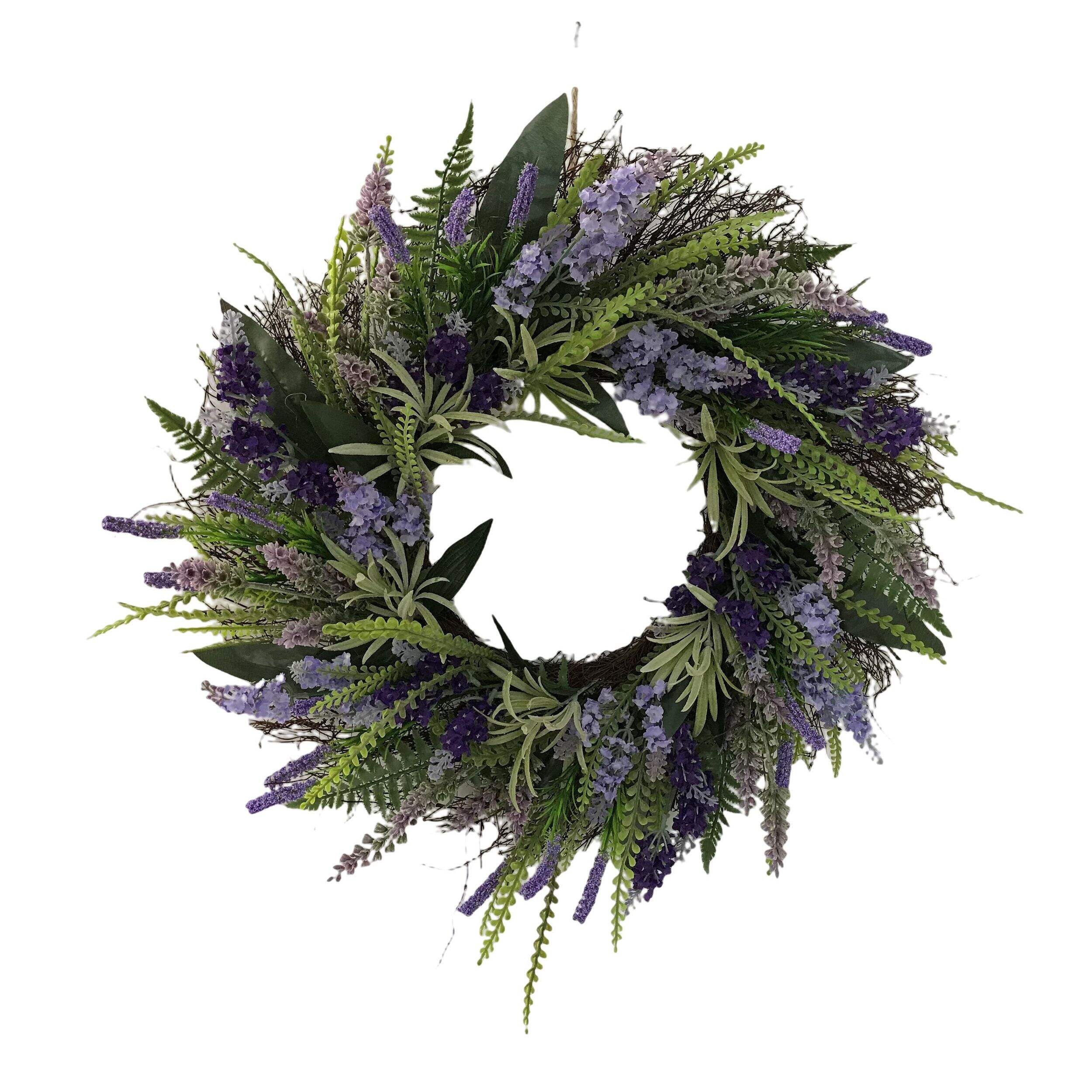 Artificial Flowers Leaves Lavender Wreath, Green/Purple, 20-in, for Easter/Spring Front_Flat
