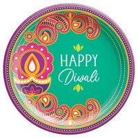 "Happy Diwali" Round Paper Disposable Dessert Plates, Teal/Purple, Rangoli, 7-in, 8-pk, for Diwali