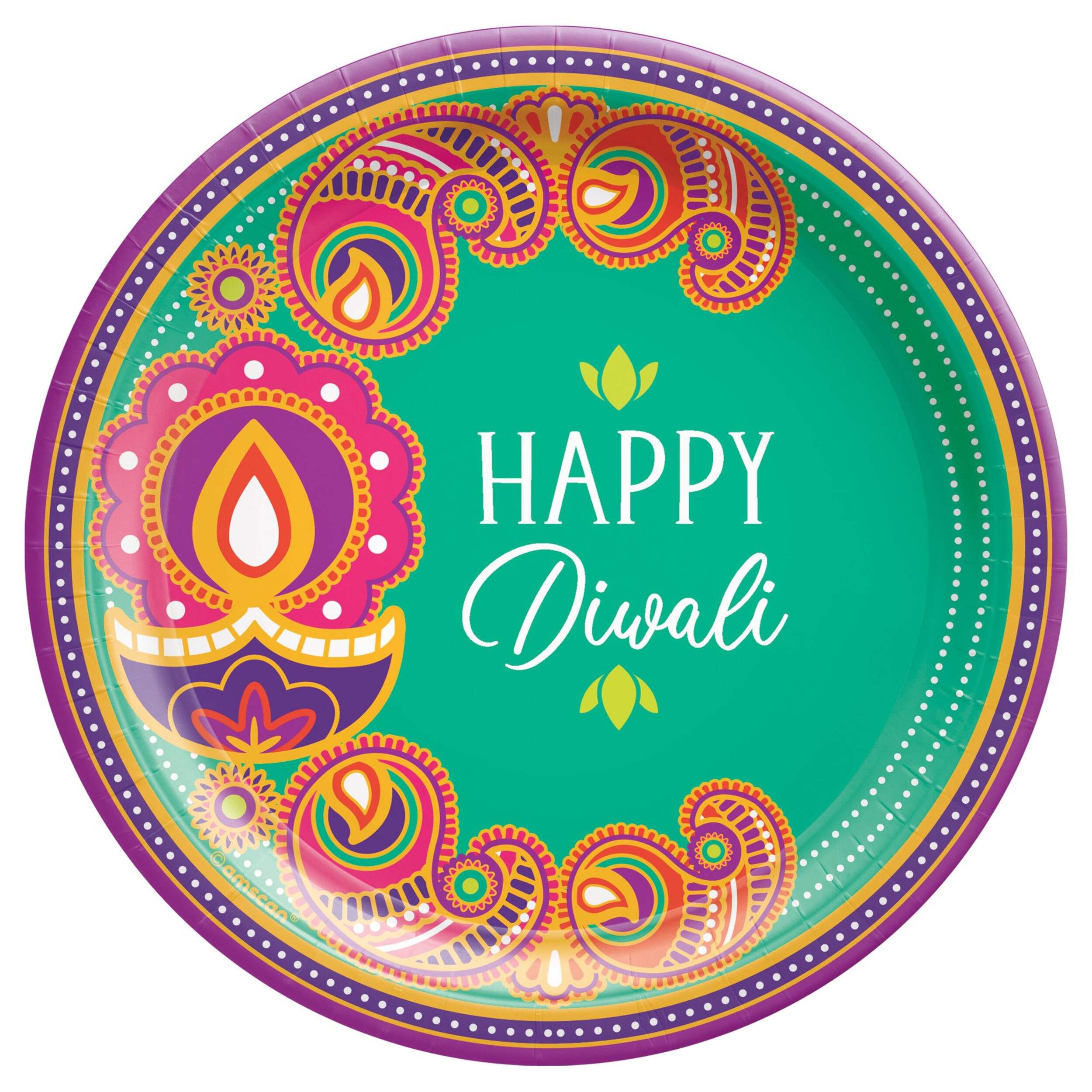 "Happy Diwali" Round Paper Disposable Dessert Plates, Teal/Purple, Rangoli, 7-in, 8-pk, for Diwali Overhead_Flat