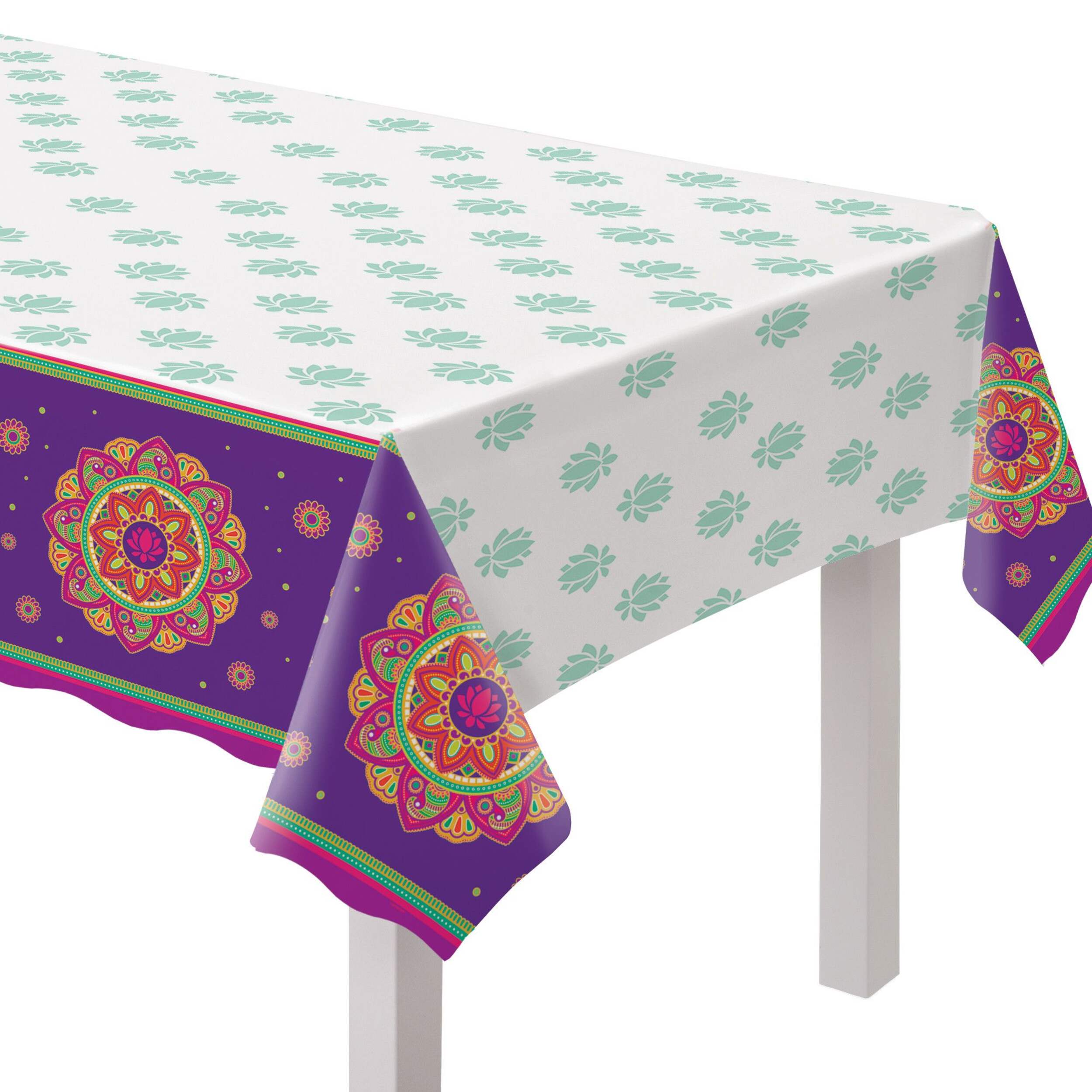Rectangle Plastic Reusable Table Cover, Purple/Green, Rangoli, 54x102-in, for Diwali CloseUp