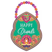 "Happy Diwali" Hanging Sign Decoration, Green/Purple, 12-in, for Diwali Front_Flat