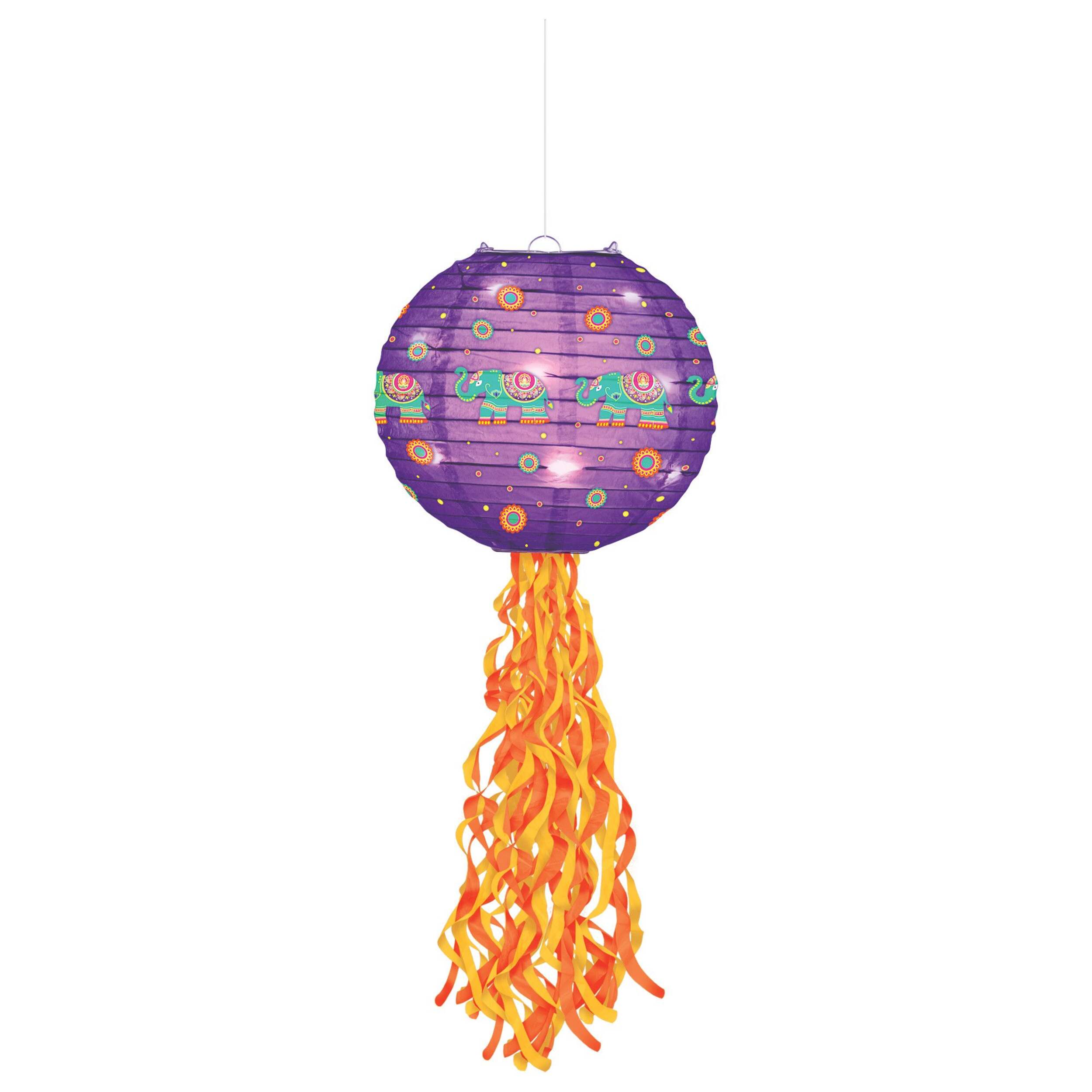 LED Light Up Paper Lantern Hanging Decorations, Purple/Orange, Elephants, 9.5-in, 2-pk, for Diwali Front_Flat