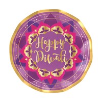 Sophistiplate "Happy Diwali" Round Bordered Trimmed Paper Disposable Dessert Plates, Purple/Gold, 8-in, 8 pk, for Diwali