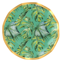 Sophistiplate Palm Spring Round Bordered Trimmed Paper Disposable Lunch Plates, Green/Gold, Palm Leaves, 8-in, 8-pk, for Summer Party Front_Flat