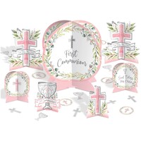 Sacraments Table Decorating Kit Centerpieces with Confetti, Pink, 12-in, 27-pk, for First Communion/Religious Party Composite_or_Mixed