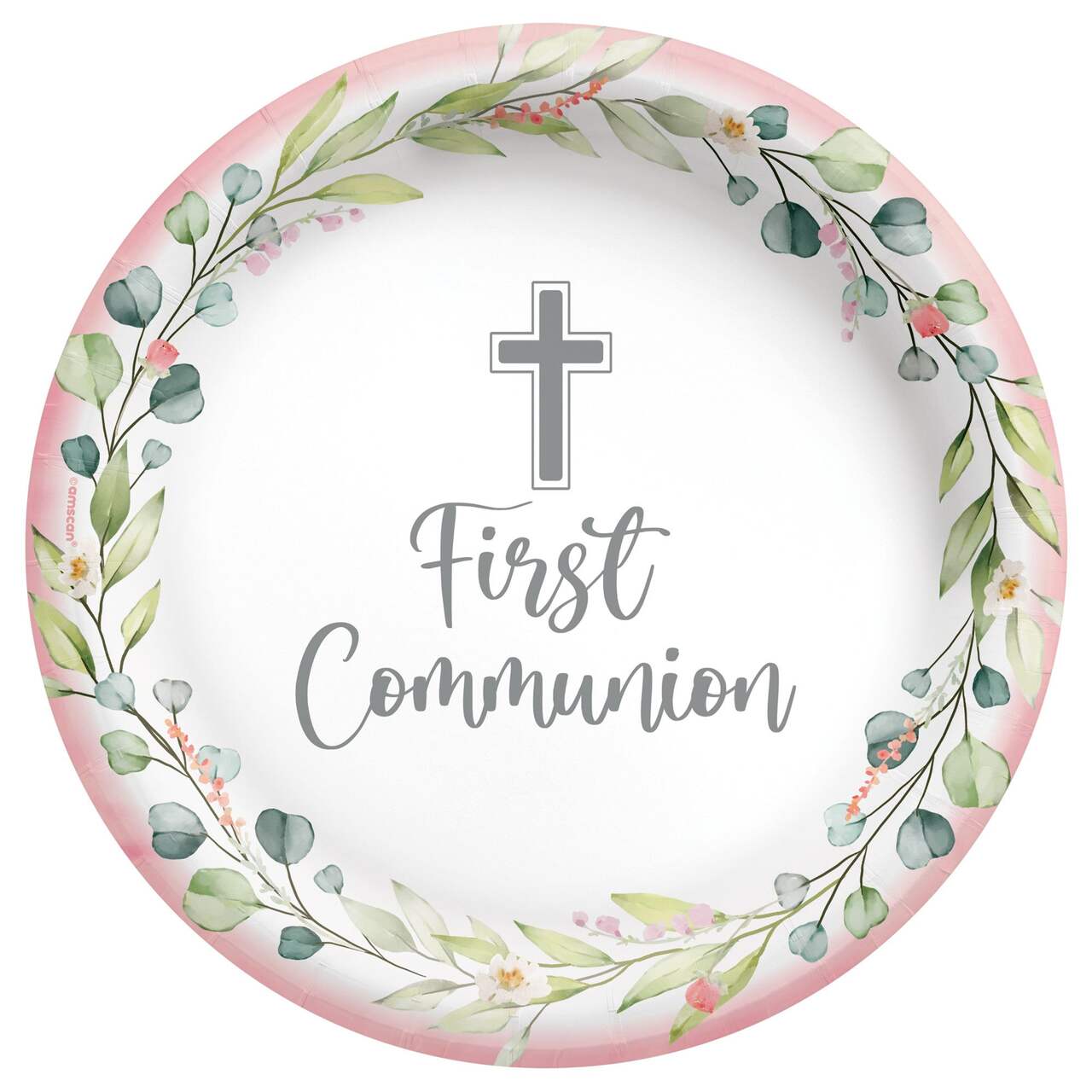 Sacraments First Communion Round Paper Disposable Dessert Plates,  Pink/Silver, 7-in, 20-pk, for First Communion/Religious Party