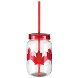Plastic Reusable Mason Cup with Straw, Clear/Red, Maple Leaf, 18-oz, for Canada Day Front_Flat
