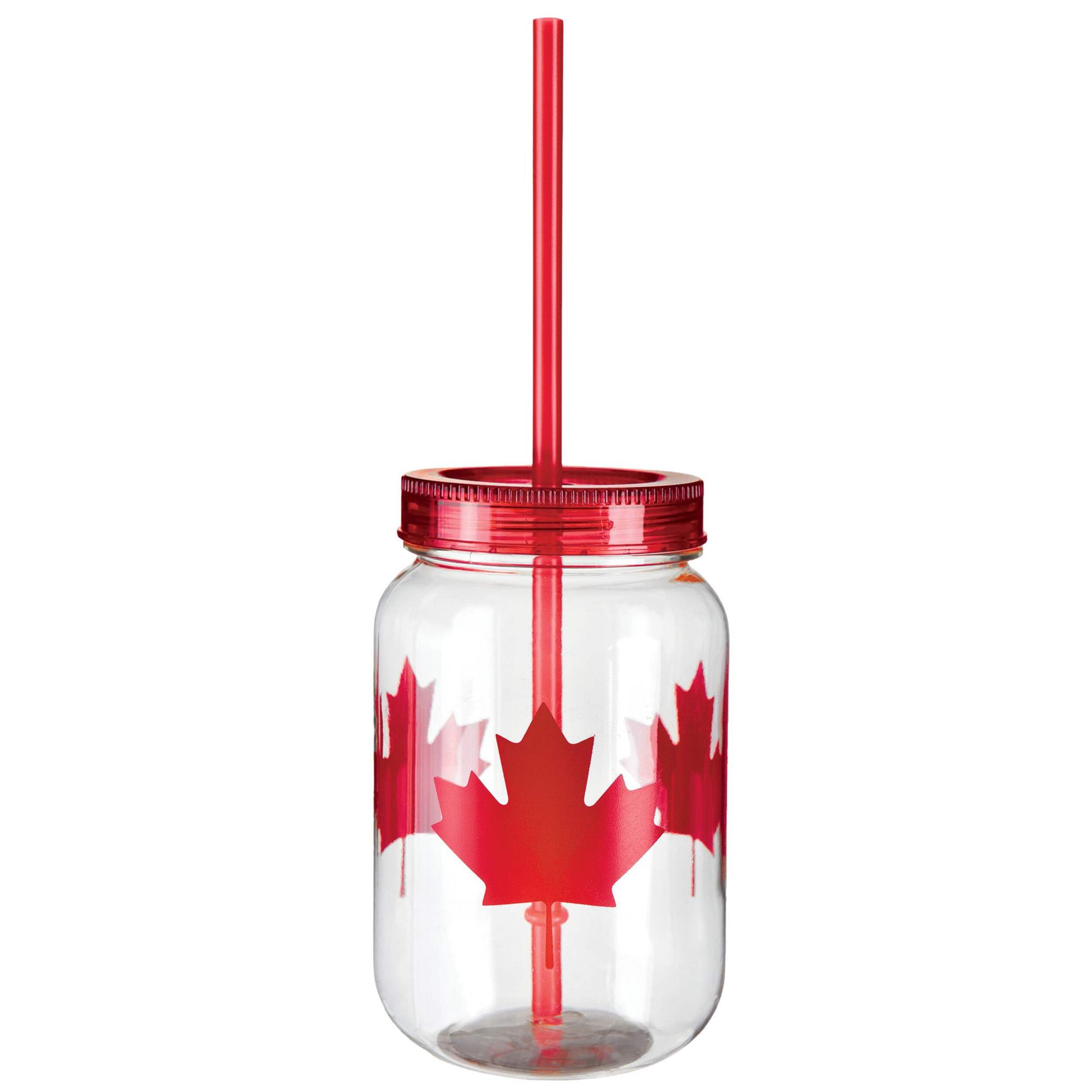 Plastic Reusable Mason Cup with Straw, Clear/Red, Maple Leaf, 18-oz, for Canada Day Front_Flat