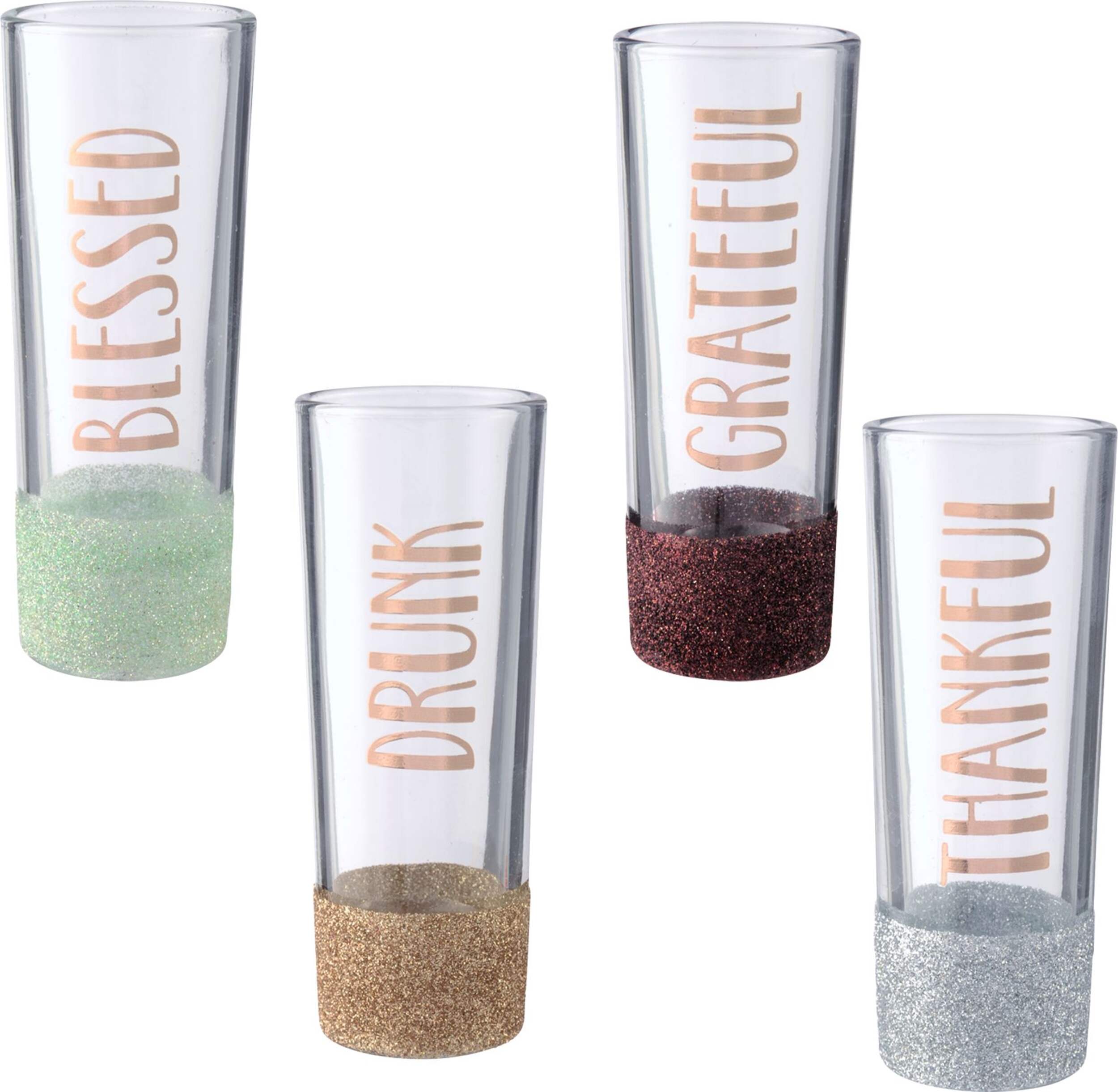 Inspirational Fall Shot Glasses with Glitter Base, Copper/Gold/Mint Green/Silver, 4-pk, for Thanksgiving Front_Elevated