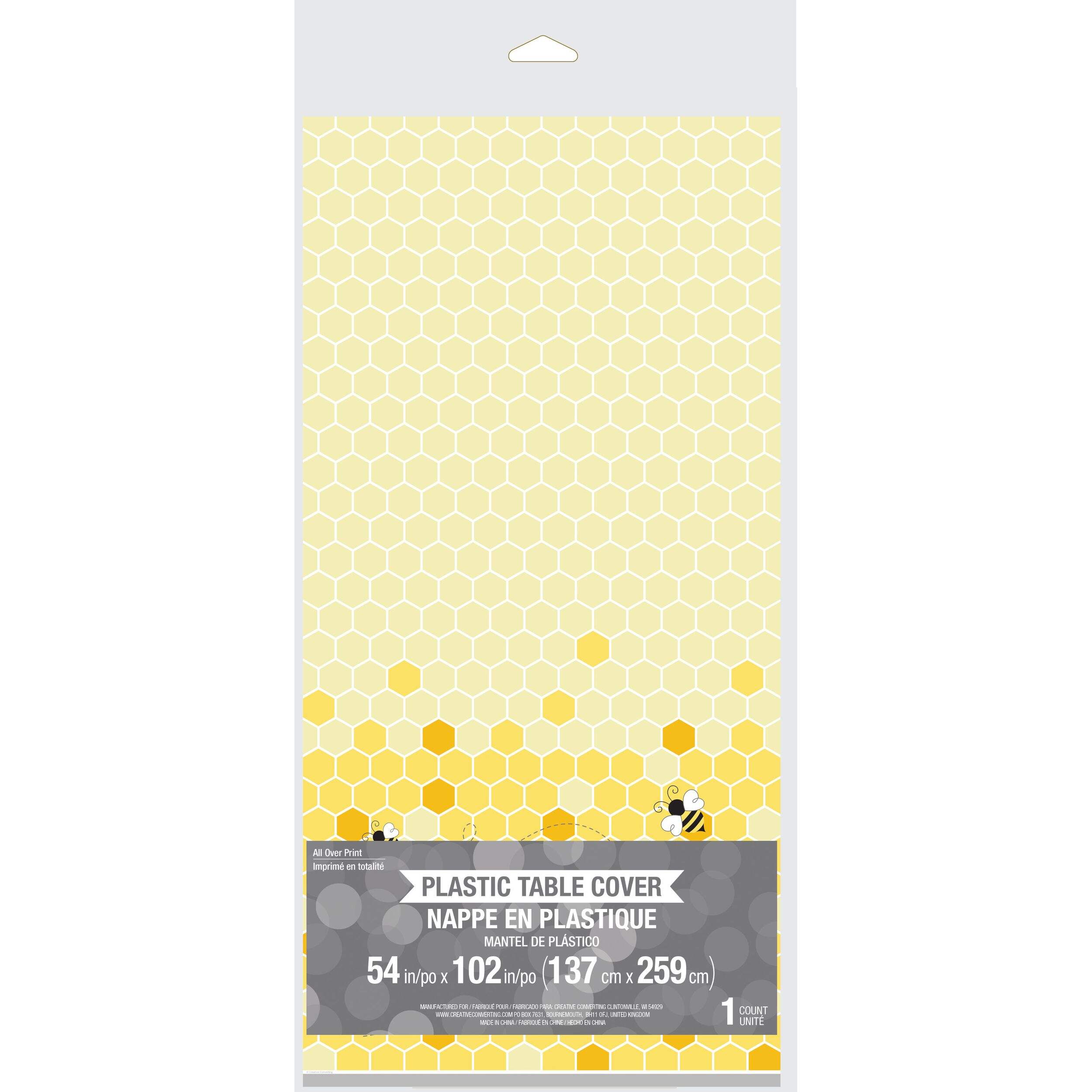 Sweet as can Bee Rectangle Plastic Reusable Table Cover, Yellow, Honeycomb, 54x102-in, for Baby Shower/Gender Reveal Front_Flat