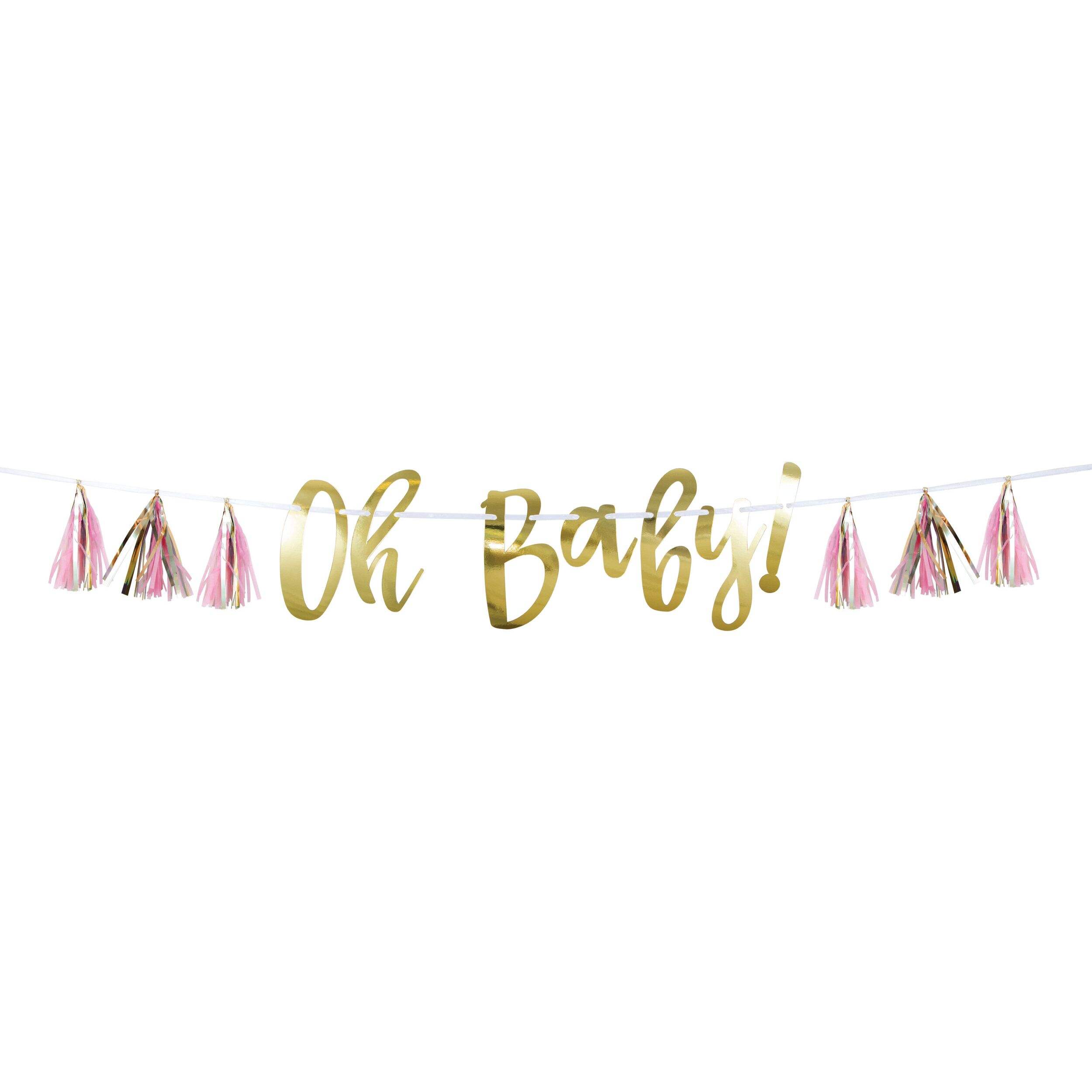 "Oh Baby" Foil Tassel Hanging Garland Banner Decoration, Pink/Gold, 60-in, for Baby Shower Front_Flat