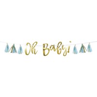 "Oh Baby" Foil Tassel Hanging Garland Banner Decoration, Blue/Gold, 60-in, for Baby Shower Front_Flat