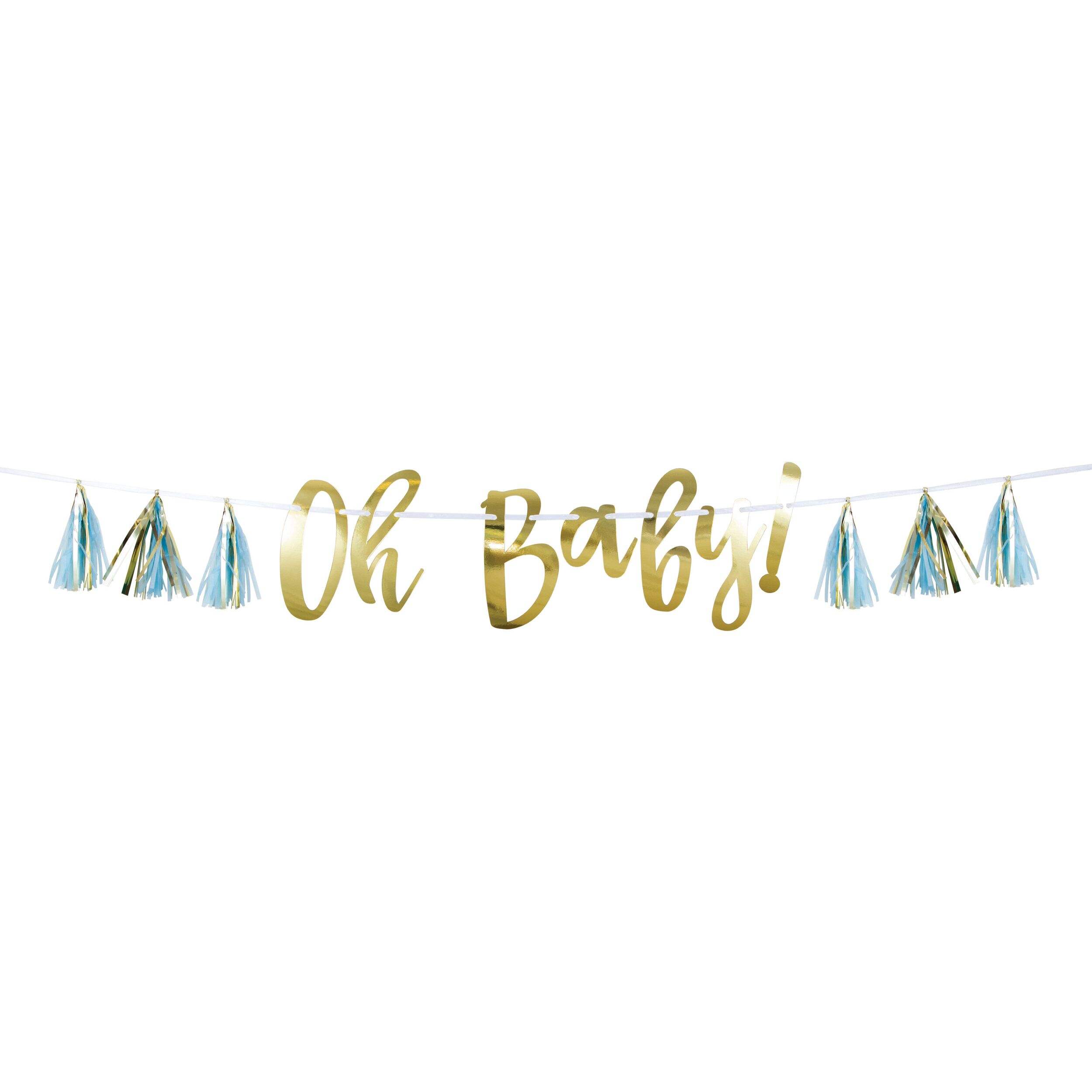 "Oh Baby" Foil Tassel Hanging Garland Banner Decoration, Blue/Gold, 60-in, for Baby Shower Front_Flat
