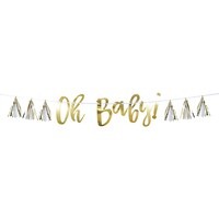 "Oh Baby" Foil Tassel Hanging Garland Banner Decoration, White/Gold, 60-in, for Baby Shower Front_Flat