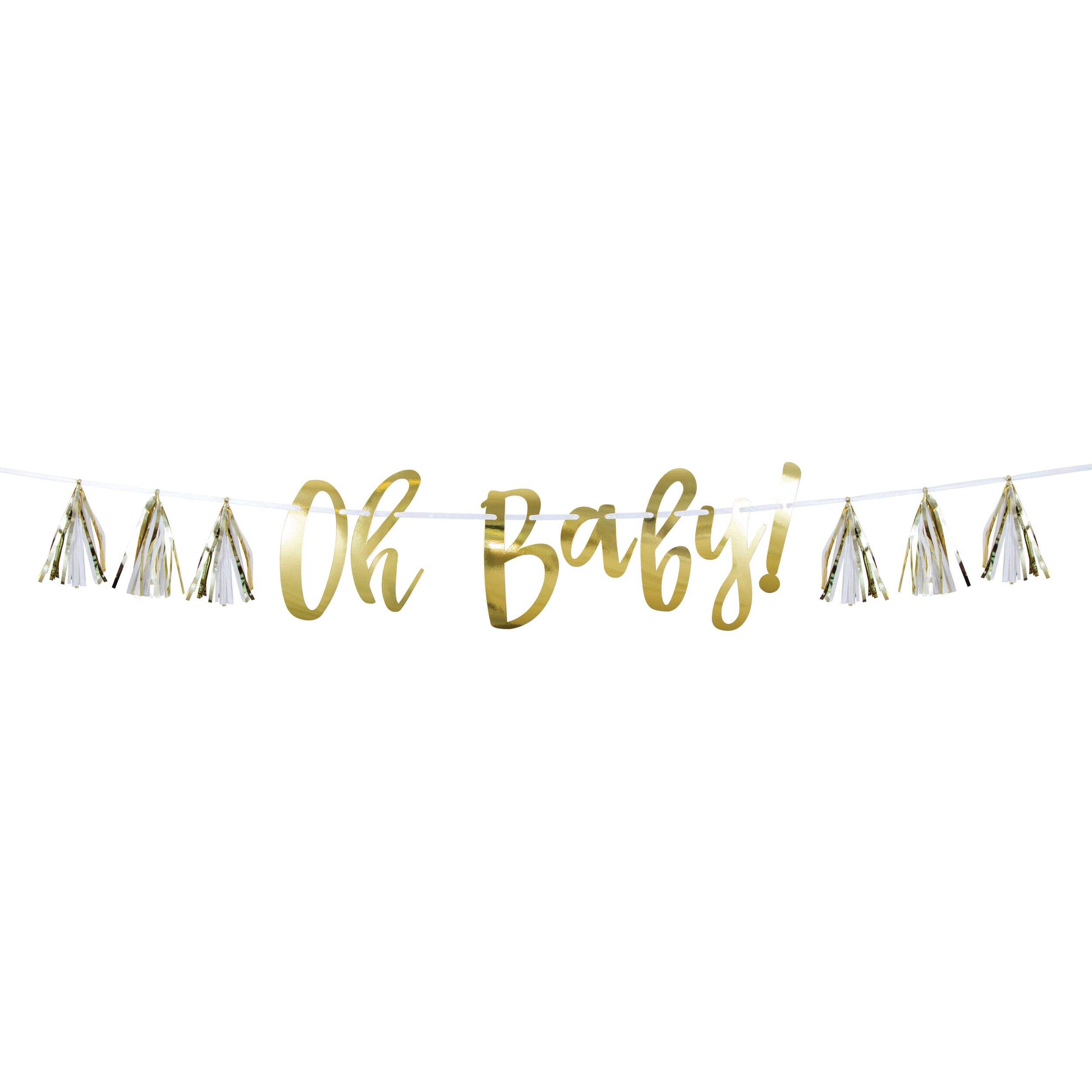 "Oh Baby" Foil Tassel Hanging Garland Banner Decoration, White/Gold, 60-in, for Baby Shower Front_Flat