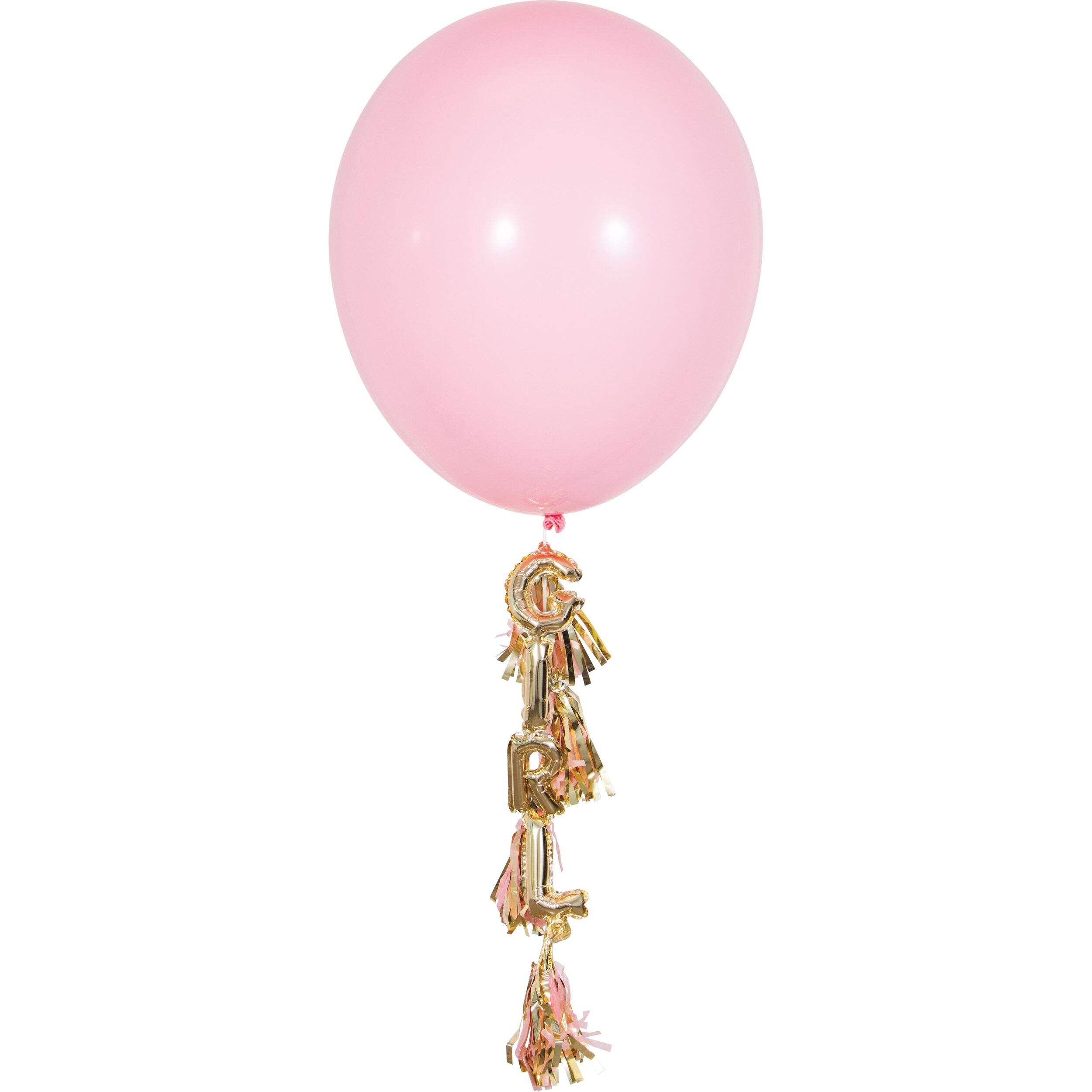 "Girl" Round Latex Balloon with Tassels, Pink/Gold, 36-in, for Baby Shower/Gender Reveal Front_Flat