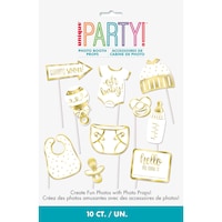 Oh Baby "Coming Soon" Photo Booth Sign Props, Gold, 4-in, 10-pk, for Baby Shower/Gender Reveal Front_Flat