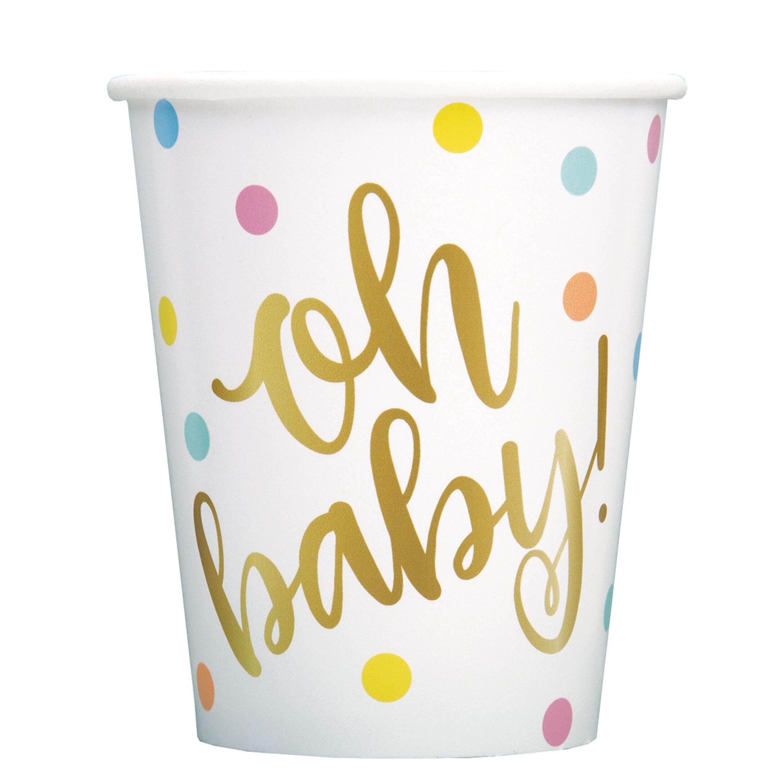 "Oh Baby" Paper Disposable Cups, White/Gold, Polka Dot, 9-oz, 8-pk, for Gender Reveal/Baby Shower Front_Flat