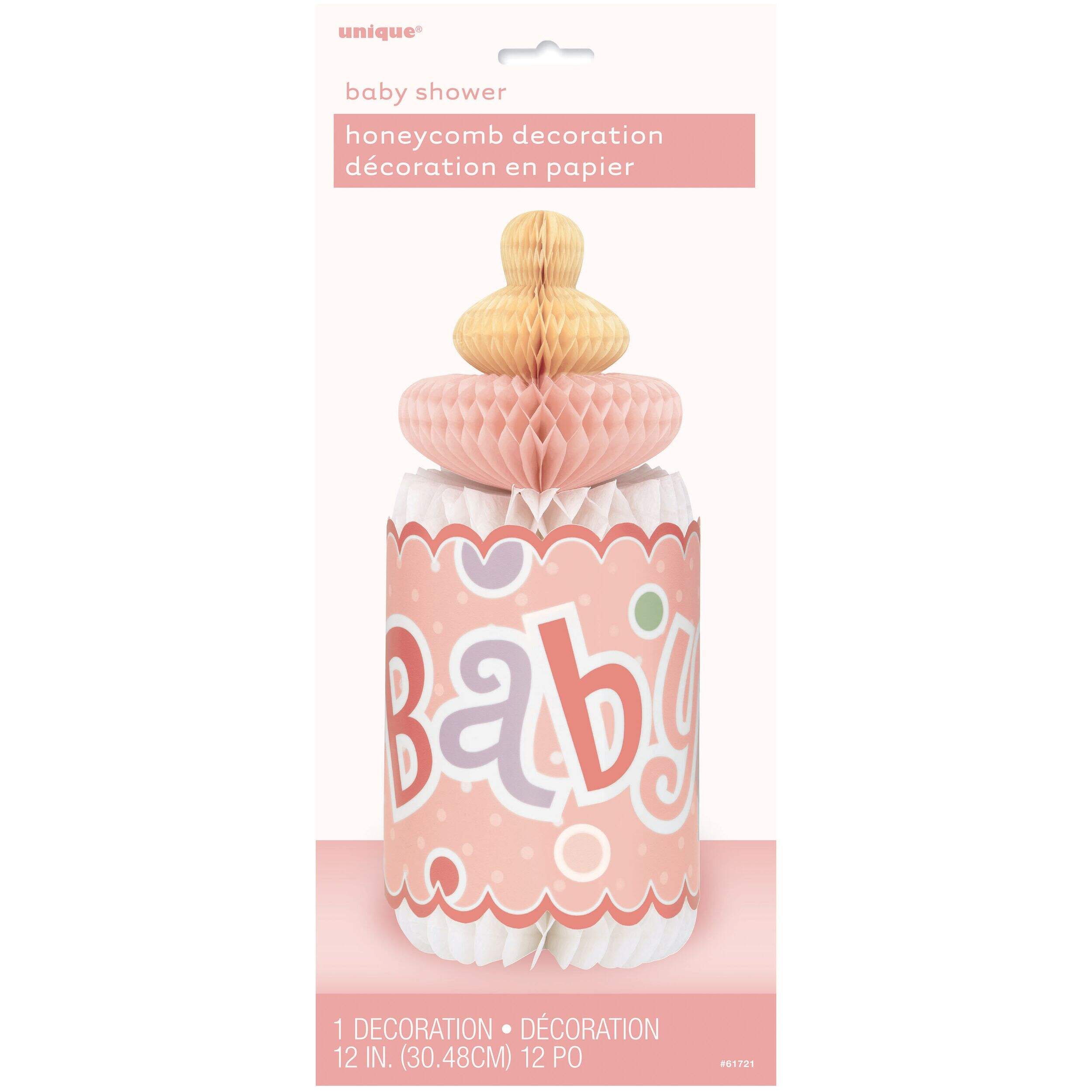 "Baby" Honeycomb Bottle Table Centerpiece Decoration, Pink, 12-in,  for Gender Reveal/Baby Shower Front_Flat